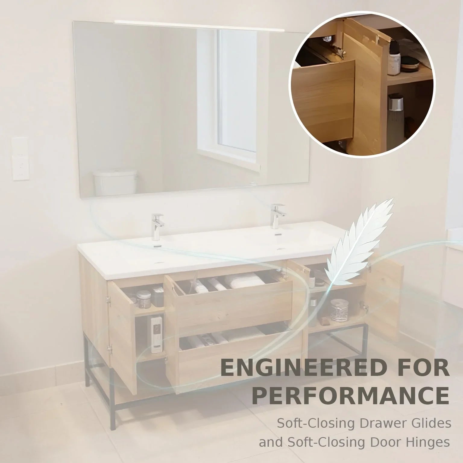 72" Rough Oak Wall Mount Double Sink Bathroom Vanity with White Polymarble Countertop-Migration_Bathroom Vanities-DECOROLALA
