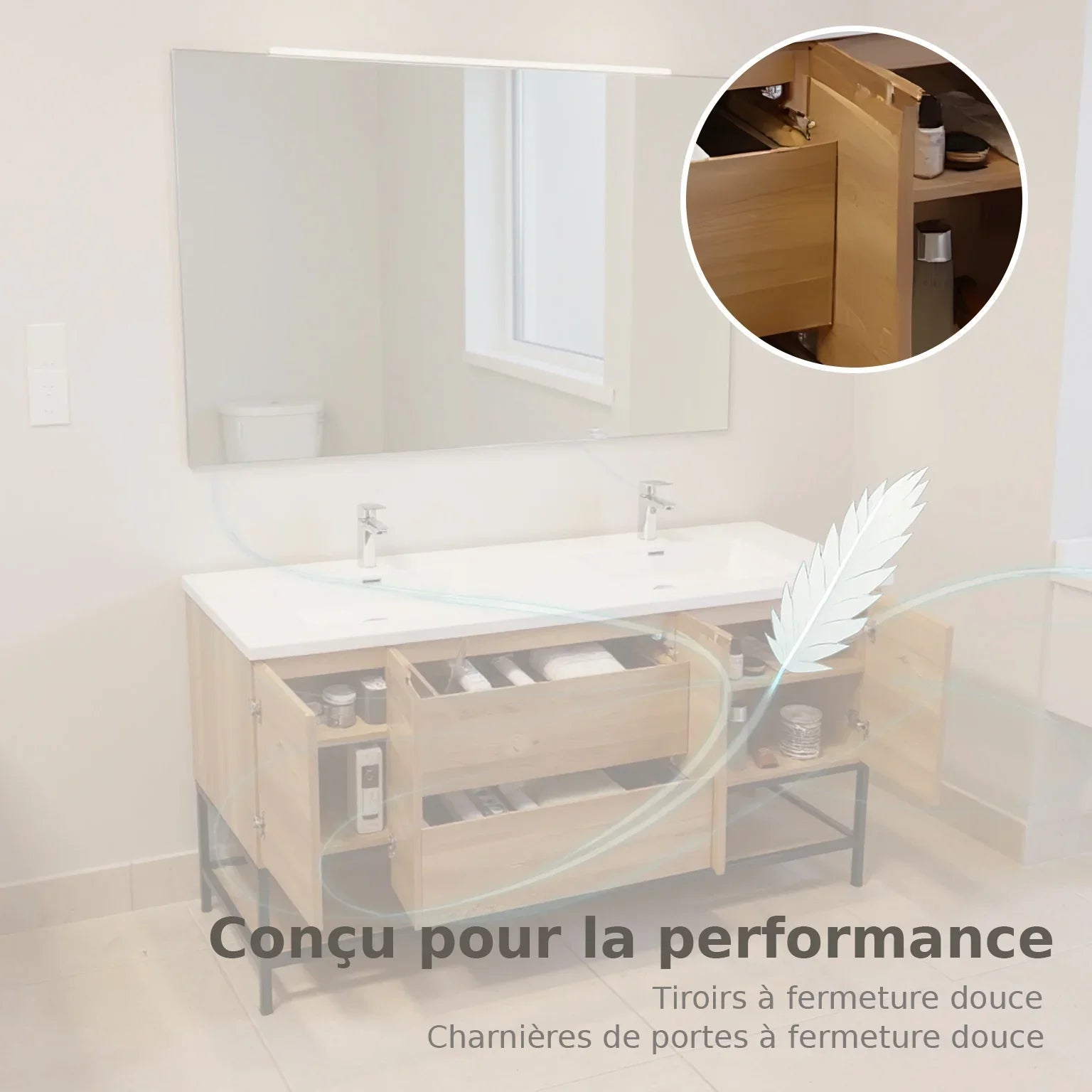 72" Rough Oak Wall Mount Double Sink Bathroom Vanity with White Polymarble Countertop-Migration_Bathroom Vanities-DECOROLALA