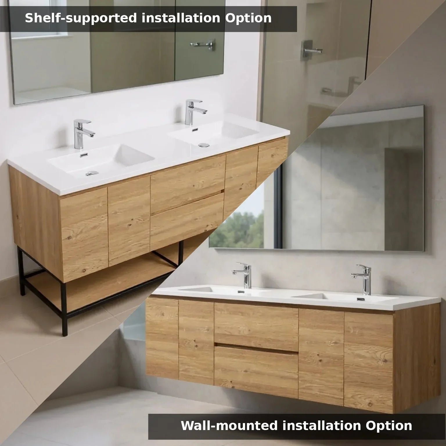 72" Rough Oak Wall Mount Double Sink Bathroom Vanity with White Polymarble Countertop-Migration_Bathroom Vanities-DECOROLALA
