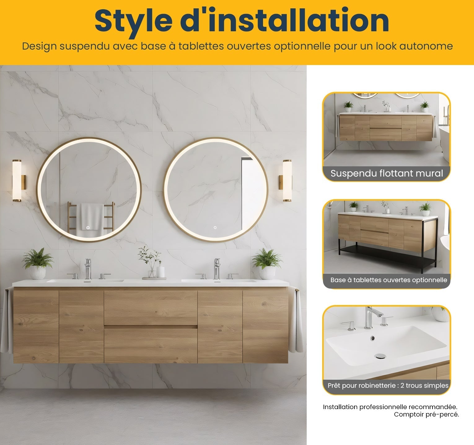 72" Rough Oak Wall Mount Double Sink Bathroom Vanity with White Polymarble Countertop-Migration_Bathroom Vanities-DECOROLALA