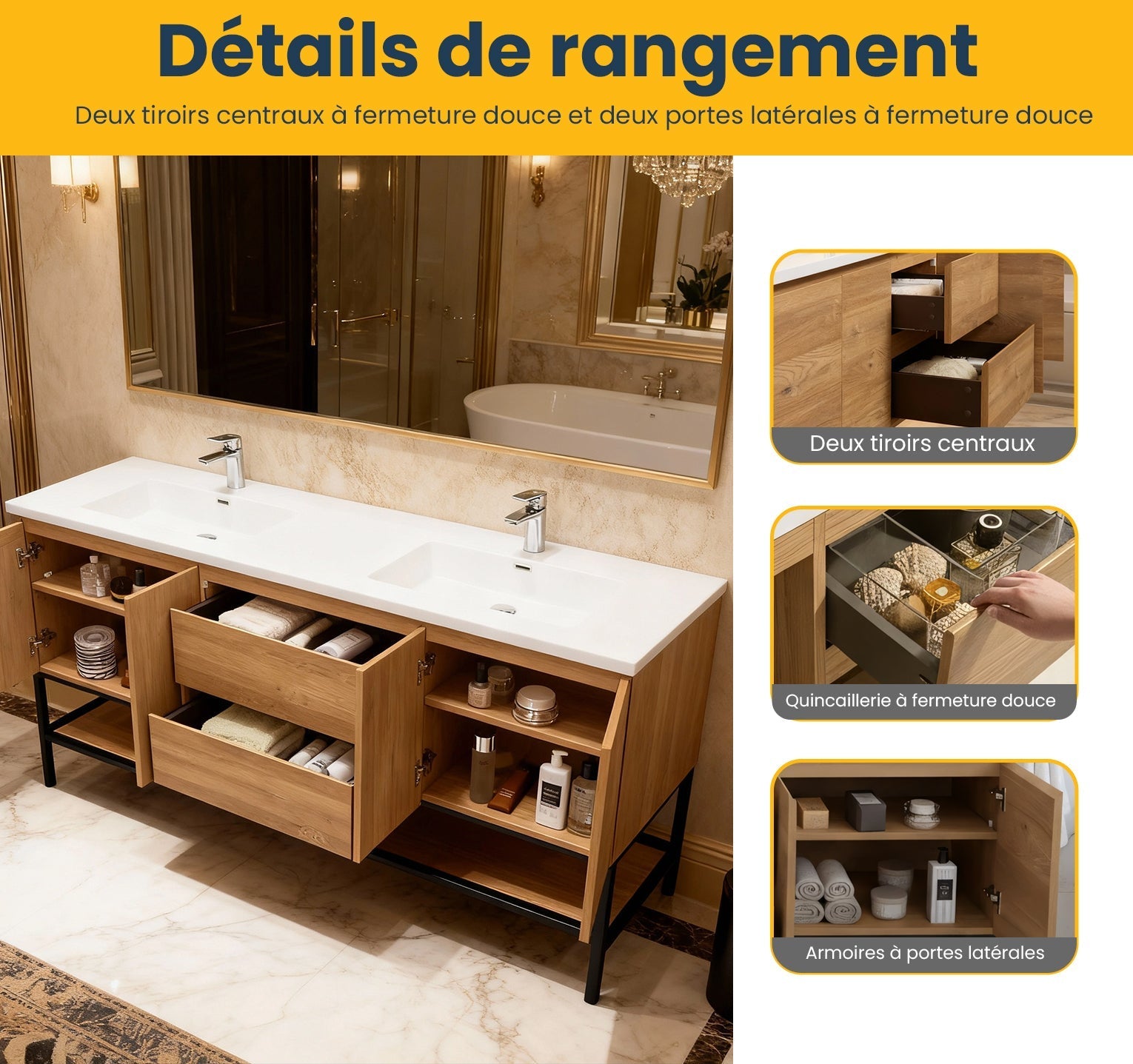 72" Rough Oak Wall Mount Double Sink Bathroom Vanity with White Polymarble Countertop-Migration_Bathroom Vanities-DECOROLALA