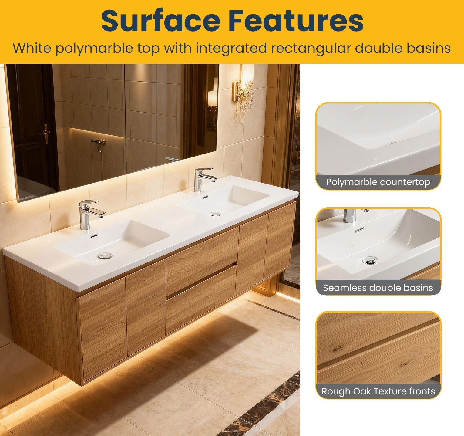 72" Rough Oak Wall Mount Double Sink Bathroom Vanity with White Polymarble Countertop-Migration_Bathroom Vanities-DECOROLALA