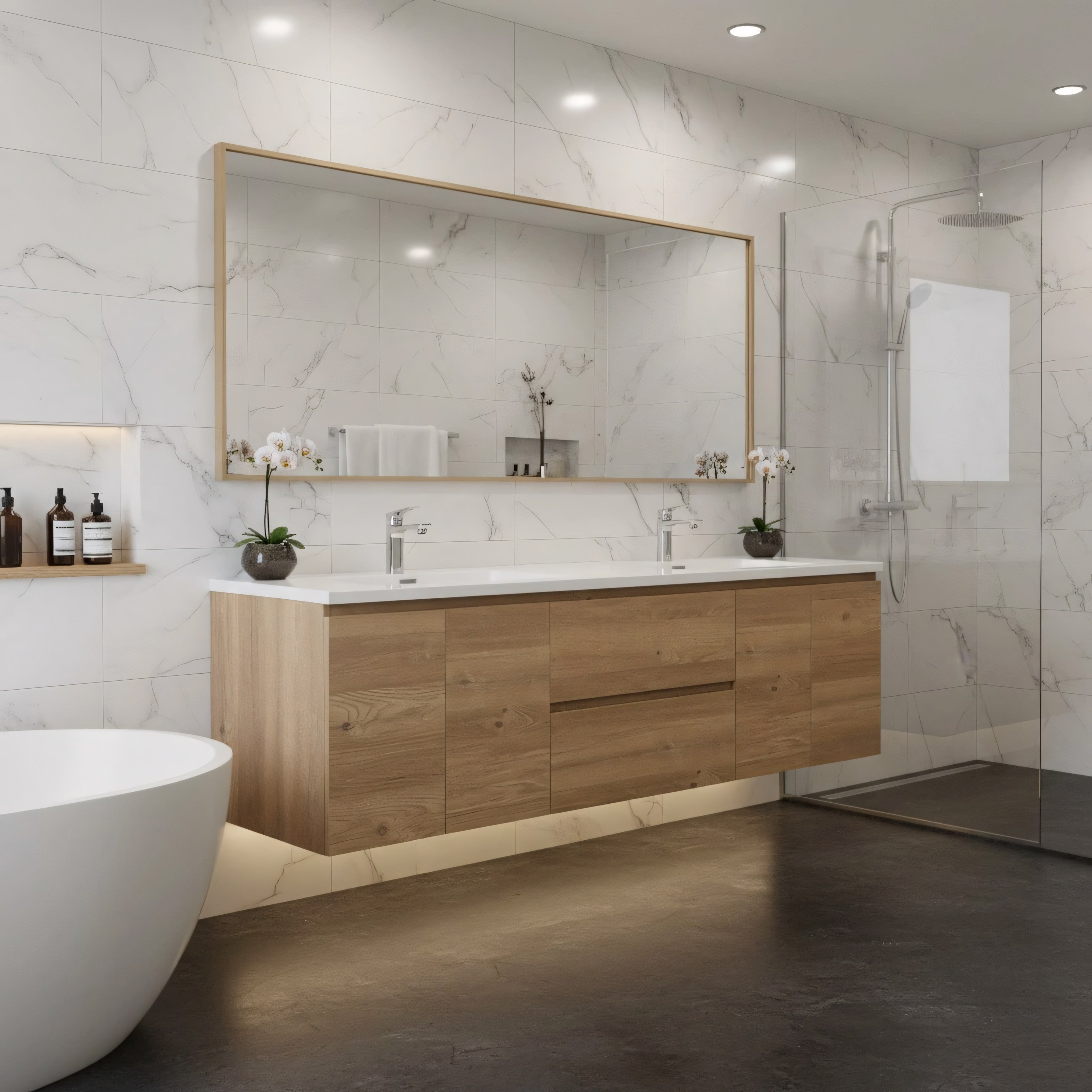 72" Rough Oak Wall Mount Double Sink Bathroom Vanity with White Polymarble Countertop-Migration_Bathroom Vanities-DECOROLALA