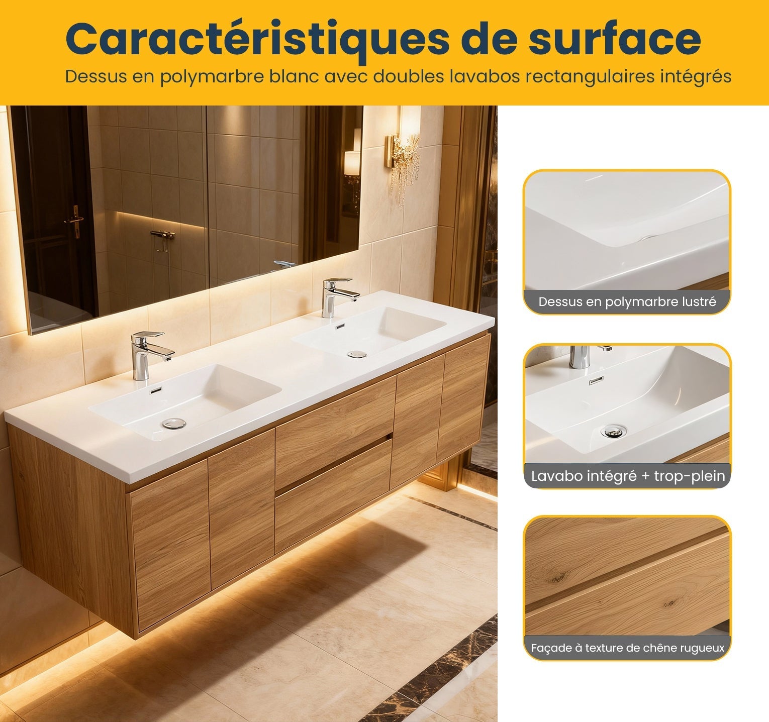 72" Rough Oak Wall Mount Double Sink Bathroom Vanity with White Polymarble Countertop-Migration_Bathroom Vanities-DECOROLALA