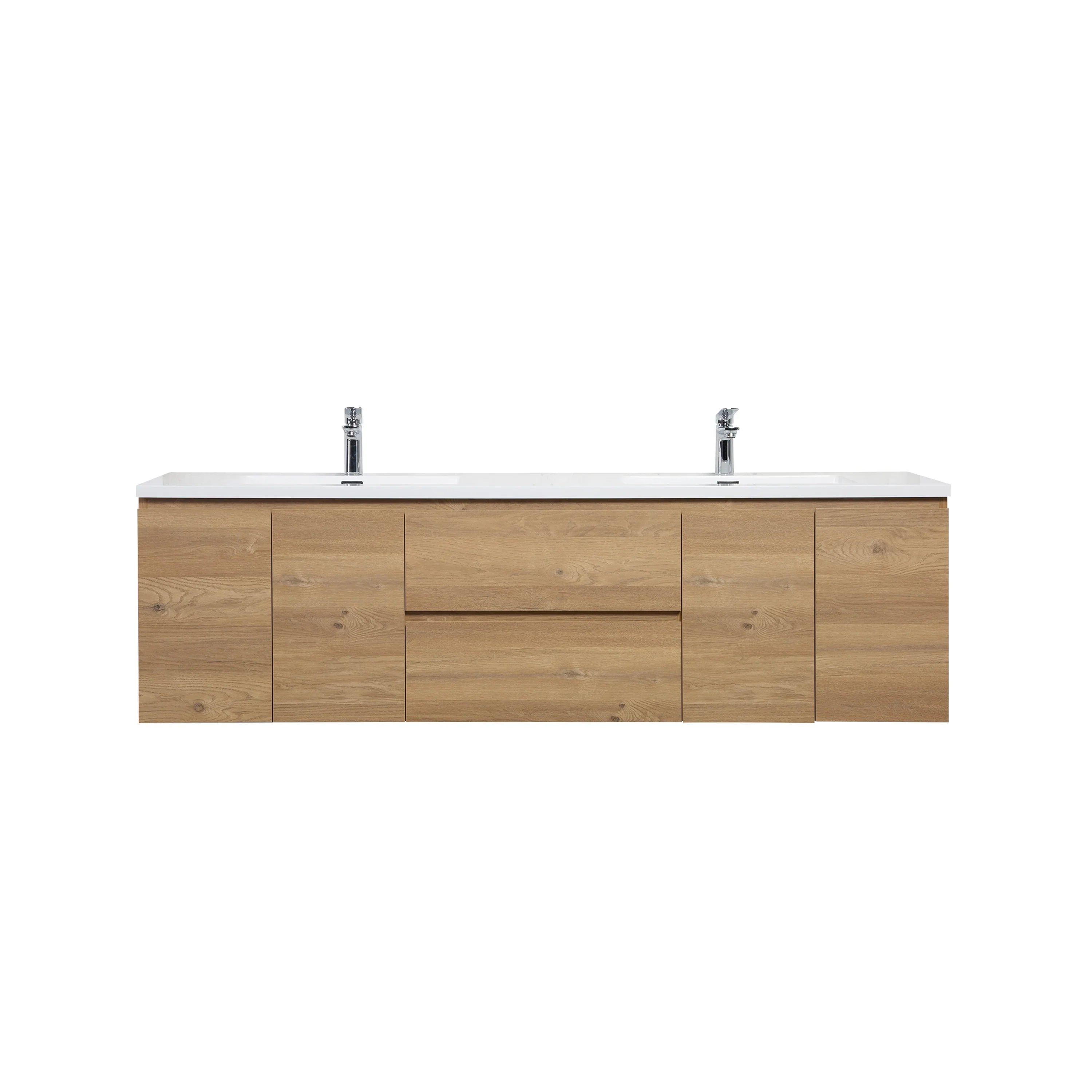 72" Rough Oak Wall Mount Double Sink Bathroom Vanity with White Polymarble Countertop-Migration_Bathroom Vanities-DECOROLALA