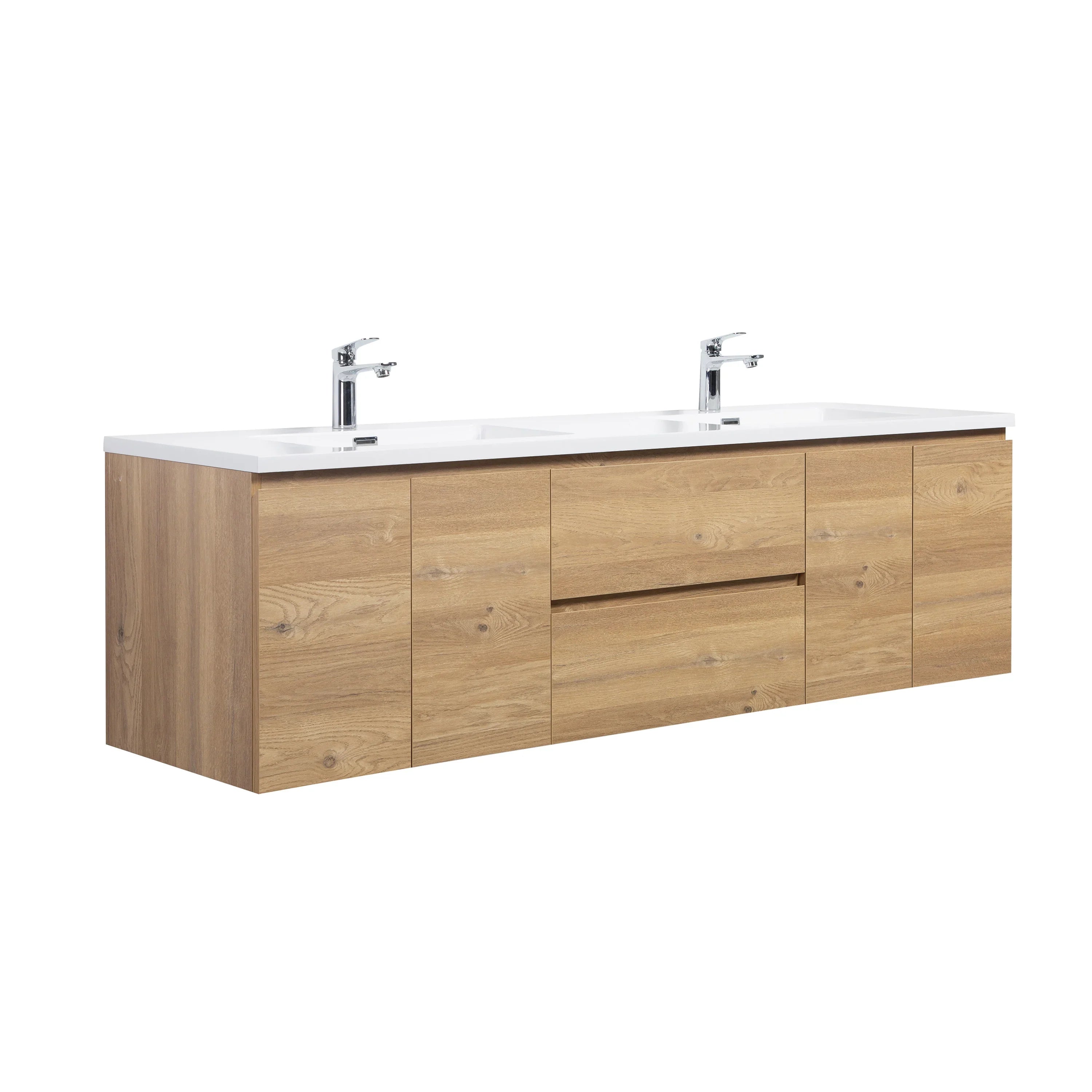 72" Rough Oak Wall Mount Double Sink Bathroom Vanity with White Polymarble Countertop-Migration_Bathroom Vanities-DECOROLALA