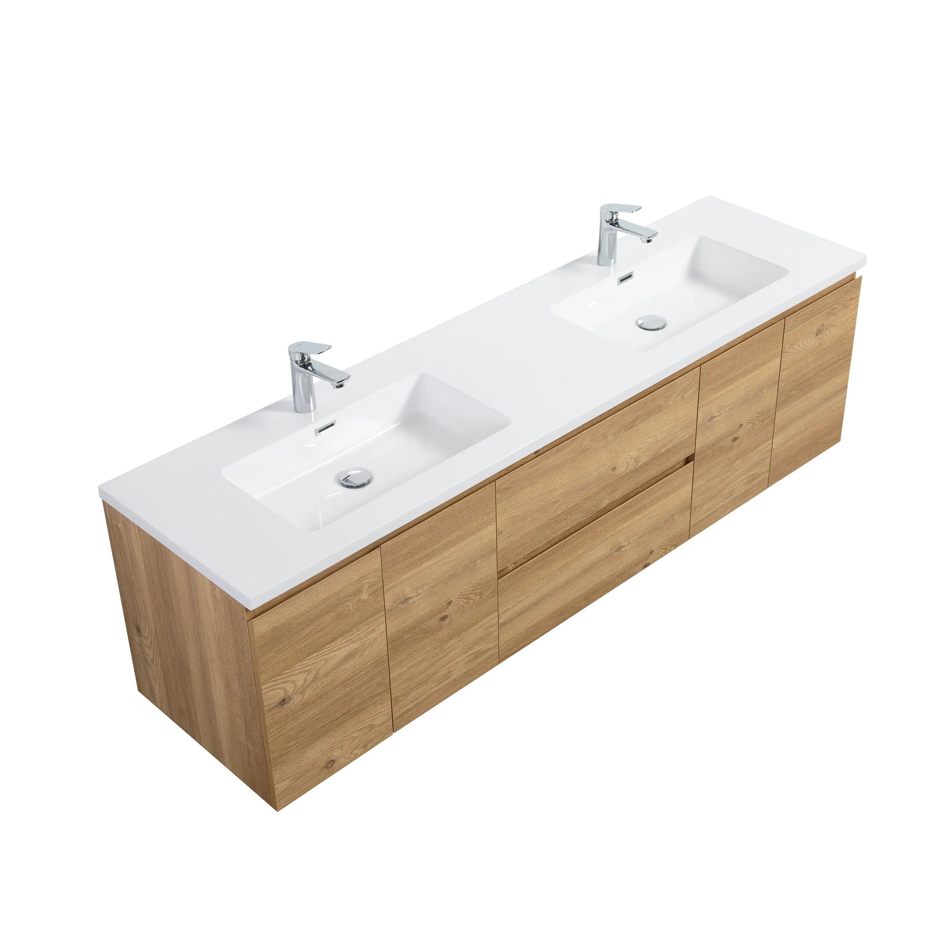 72" Rough Oak Wall Mount Double Sink Bathroom Vanity with White Polymarble Countertop-Migration_Bathroom Vanities-DECOROLALA