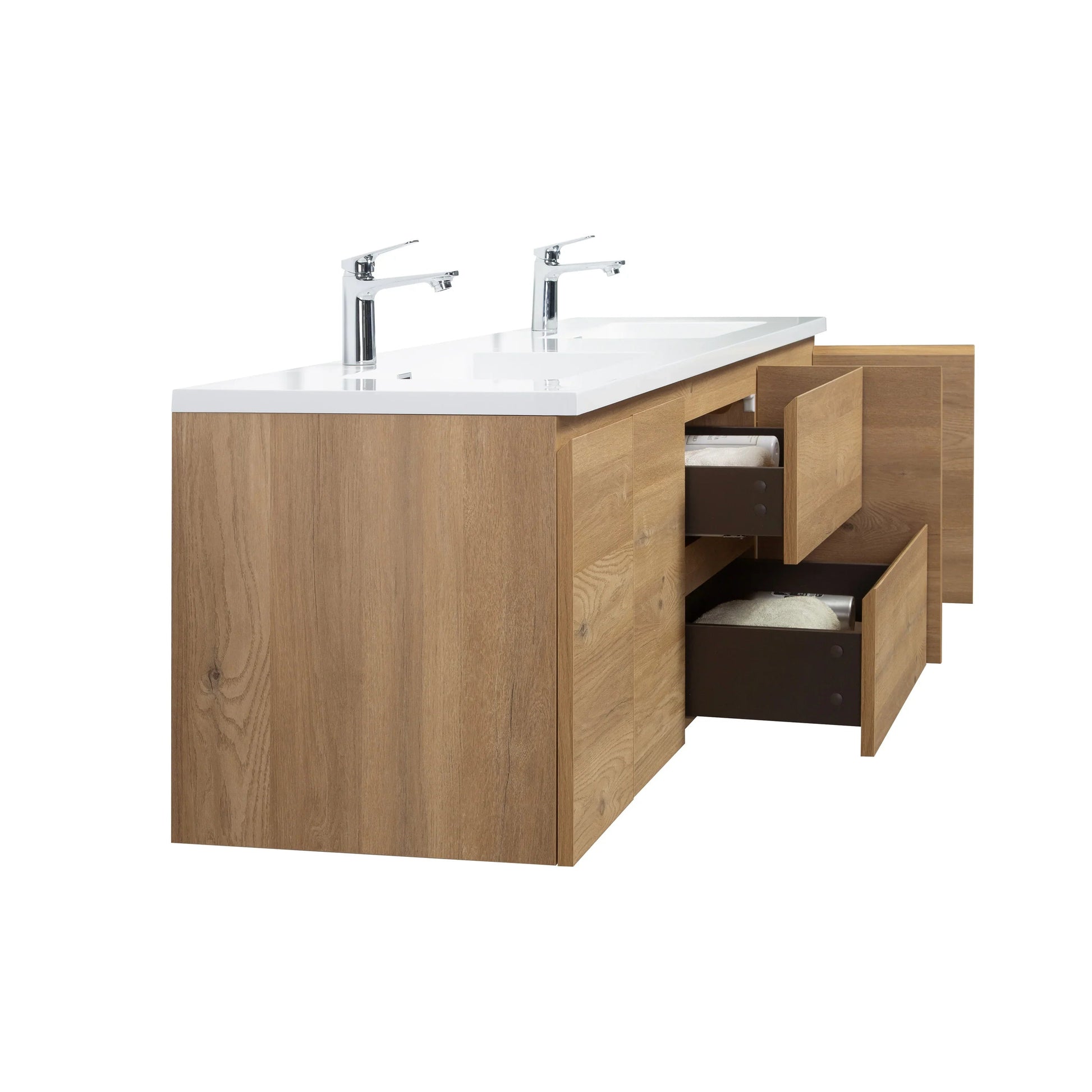 72" Rough Oak Wall Mount Double Sink Bathroom Vanity with White Polymarble Countertop-Migration_Bathroom Vanities-DECOROLALA