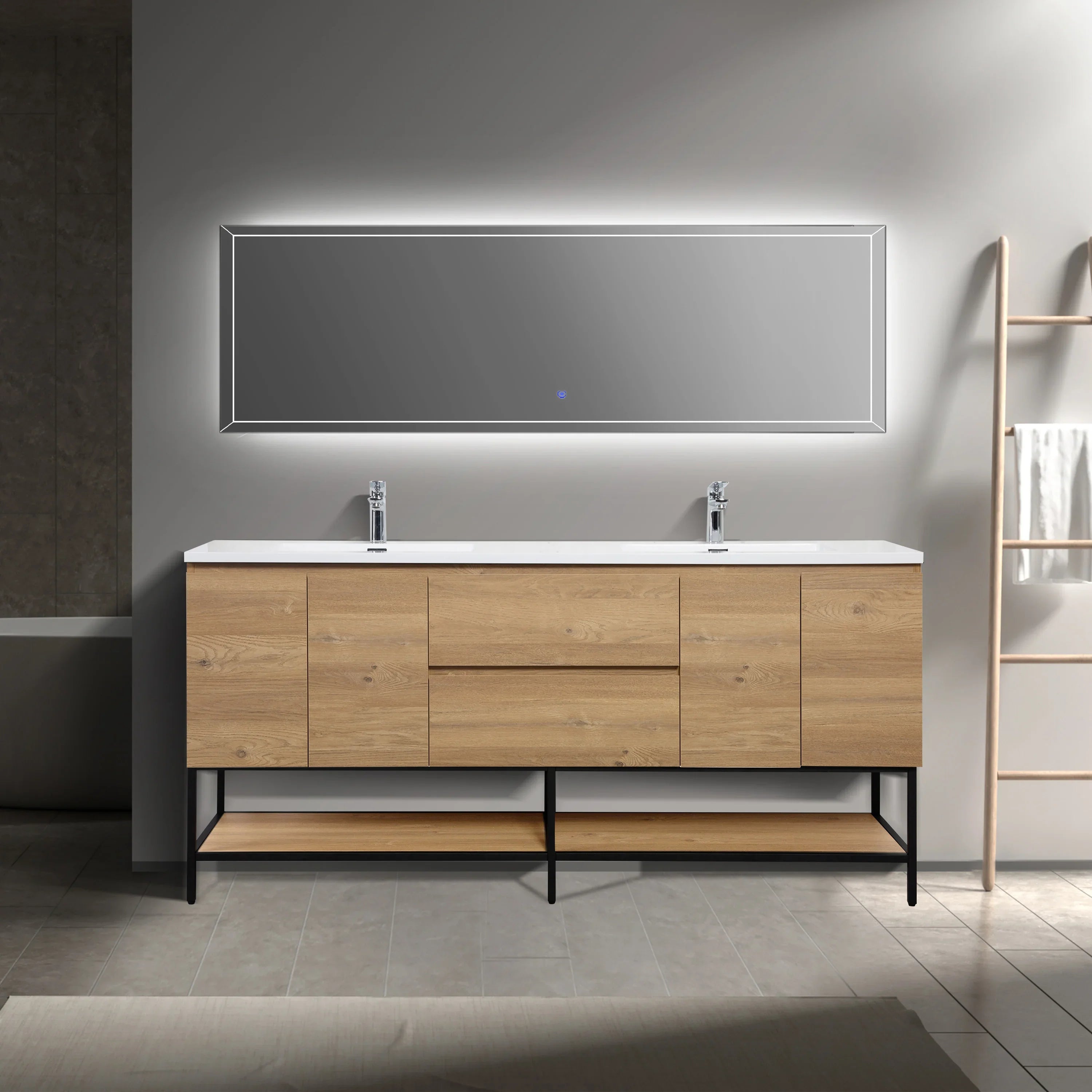 72" Rough Oak Wall Mount Double Sink Bathroom Vanity with White Polymarble Countertop-Migration_Bathroom Vanities-DECOROLALA