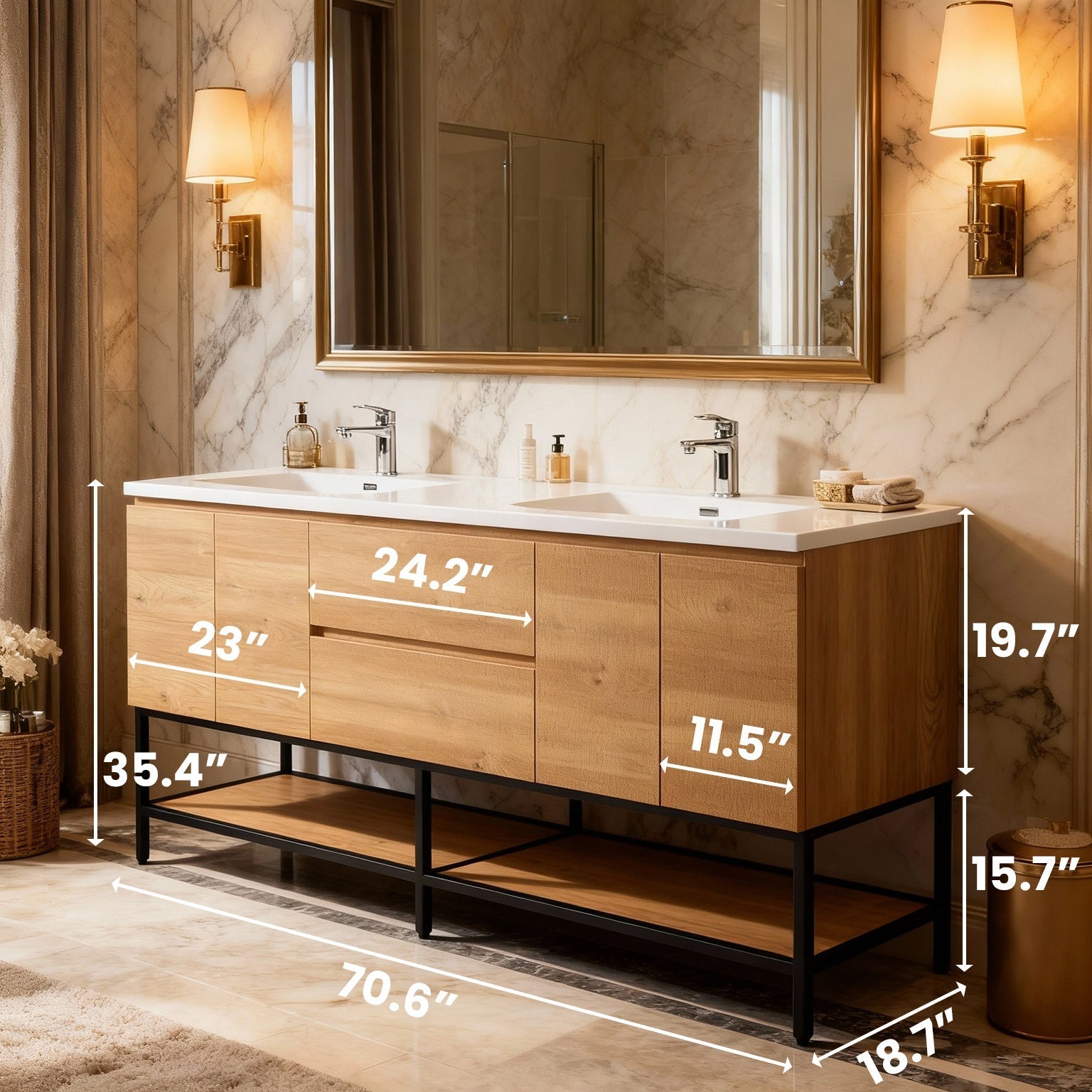 72" Rough Oak Wall Mount Double Sink Bathroom Vanity with White Polymarble Countertop-Migration_Bathroom Vanities-DECOROLALA