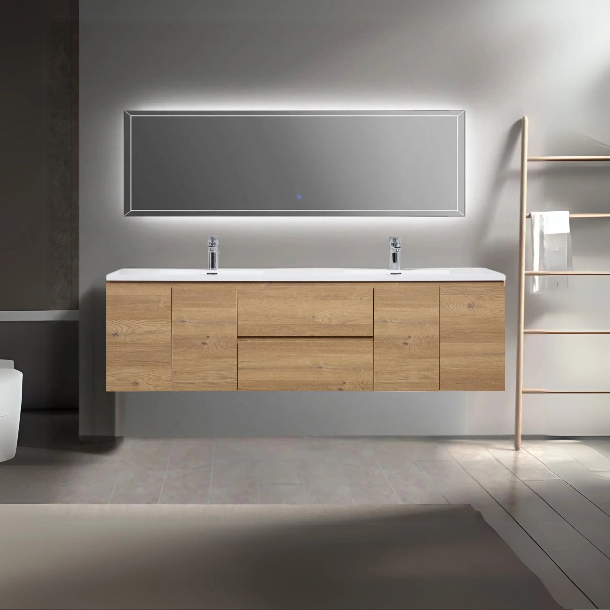 72" Rough Oak Wall Mount Double Sink Bathroom Vanity with White Polymarble Countertop-Migration_Bathroom Vanities-DECOROLALA