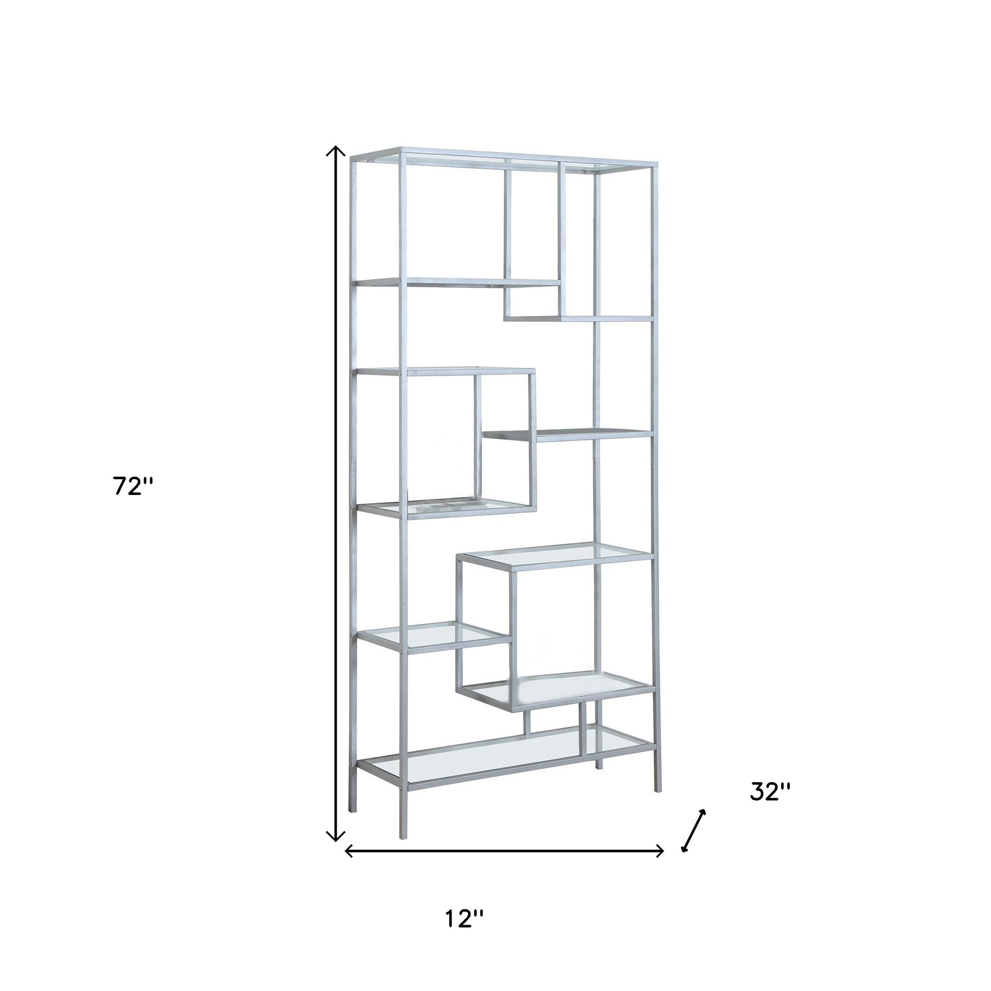 72" Silver And Clear Metal and Glass Nine Tier Etagere Bookcase-Bookcases-DECOROLALA