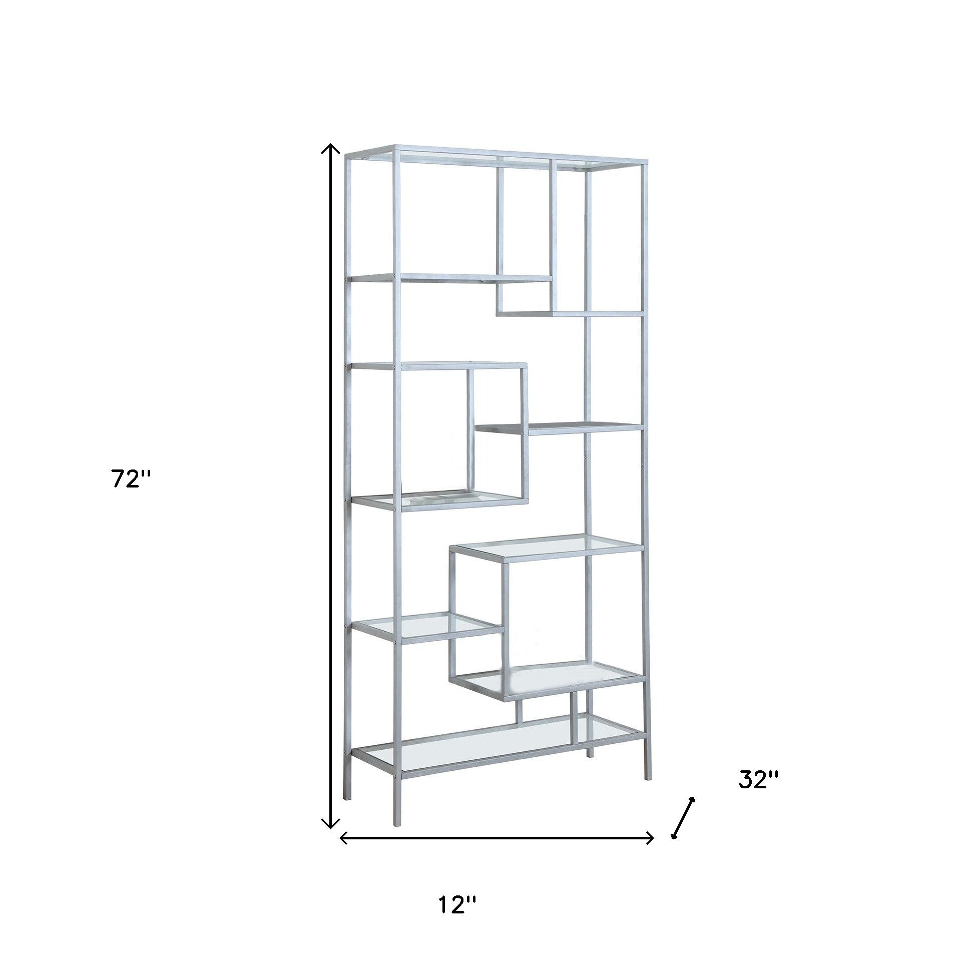 72" Silver And Clear Metal and Glass Nine Tier Etagere Bookcase-Bookcases-DECOROLALA