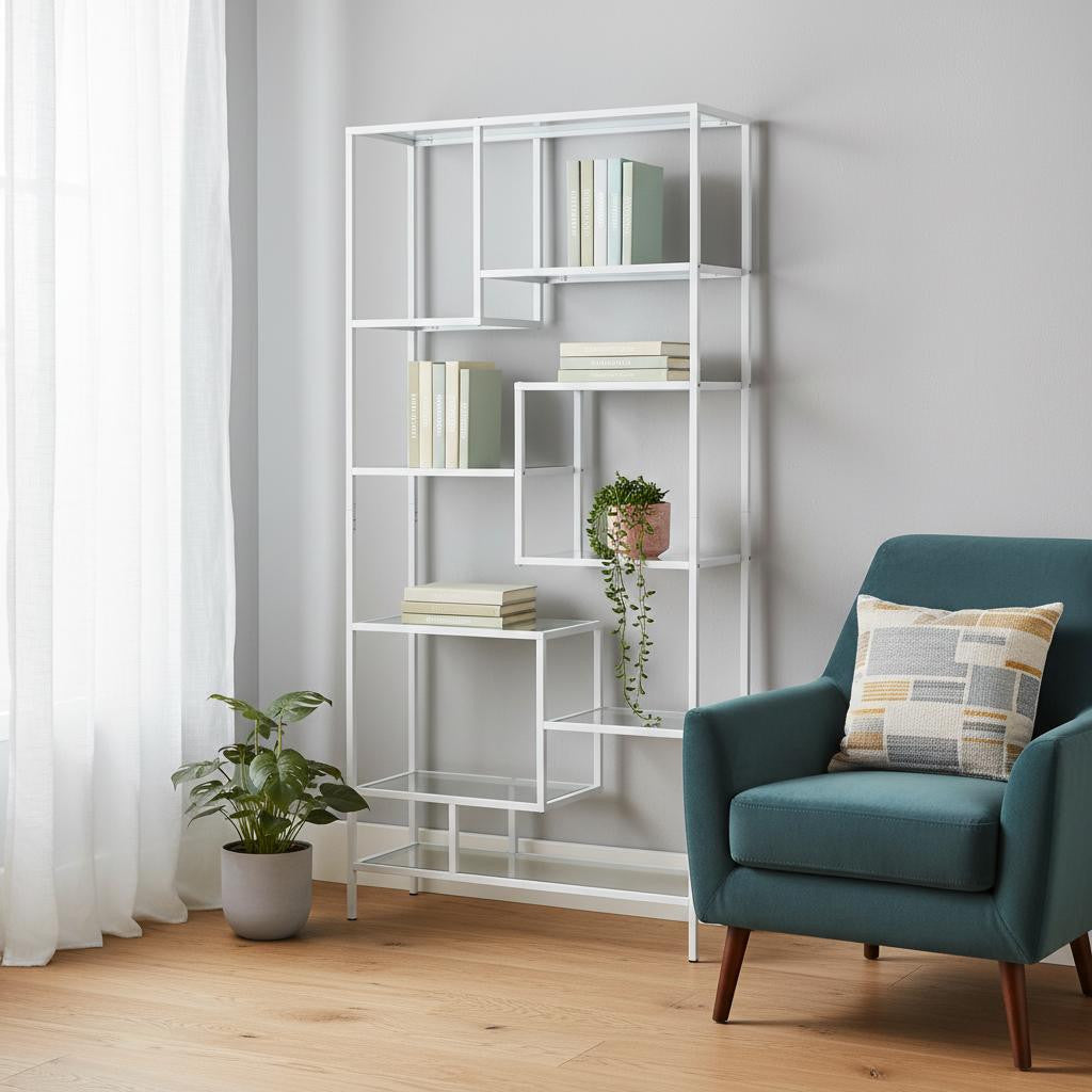 72" Silver And Clear Metal and Glass Nine Tier Etagere Bookcase-Bookcases-DECOROLALA