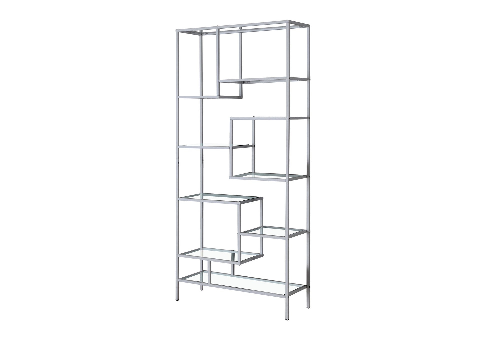 72" Silver And Clear Metal and Glass Nine Tier Etagere Bookcase-Bookcases-DECOROLALA
