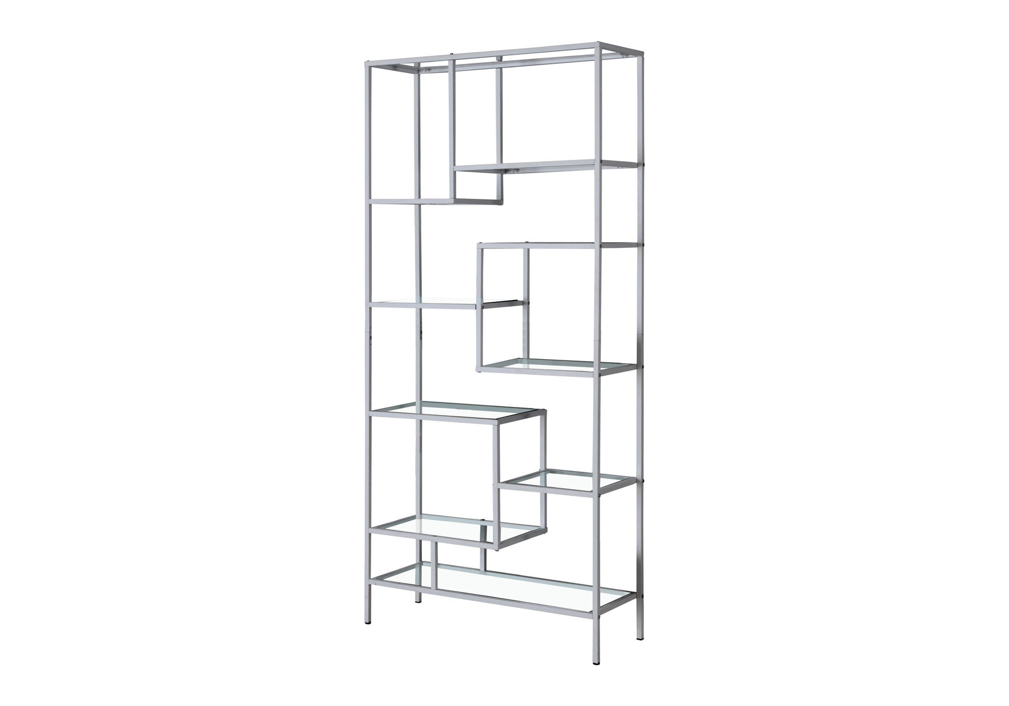 72" Silver And Clear Metal and Glass Nine Tier Etagere Bookcase-Bookcases-DECOROLALA