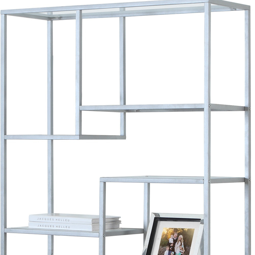 72" Silver And Clear Metal and Glass Nine Tier Etagere Bookcase-Bookcases-DECOROLALA