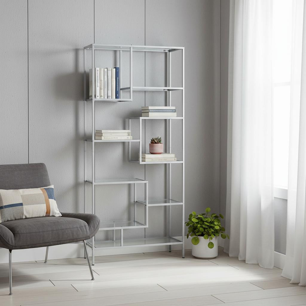 72" Silver And Clear Metal and Glass Nine Tier Etagere Bookcase-Bookcases-DECOROLALA