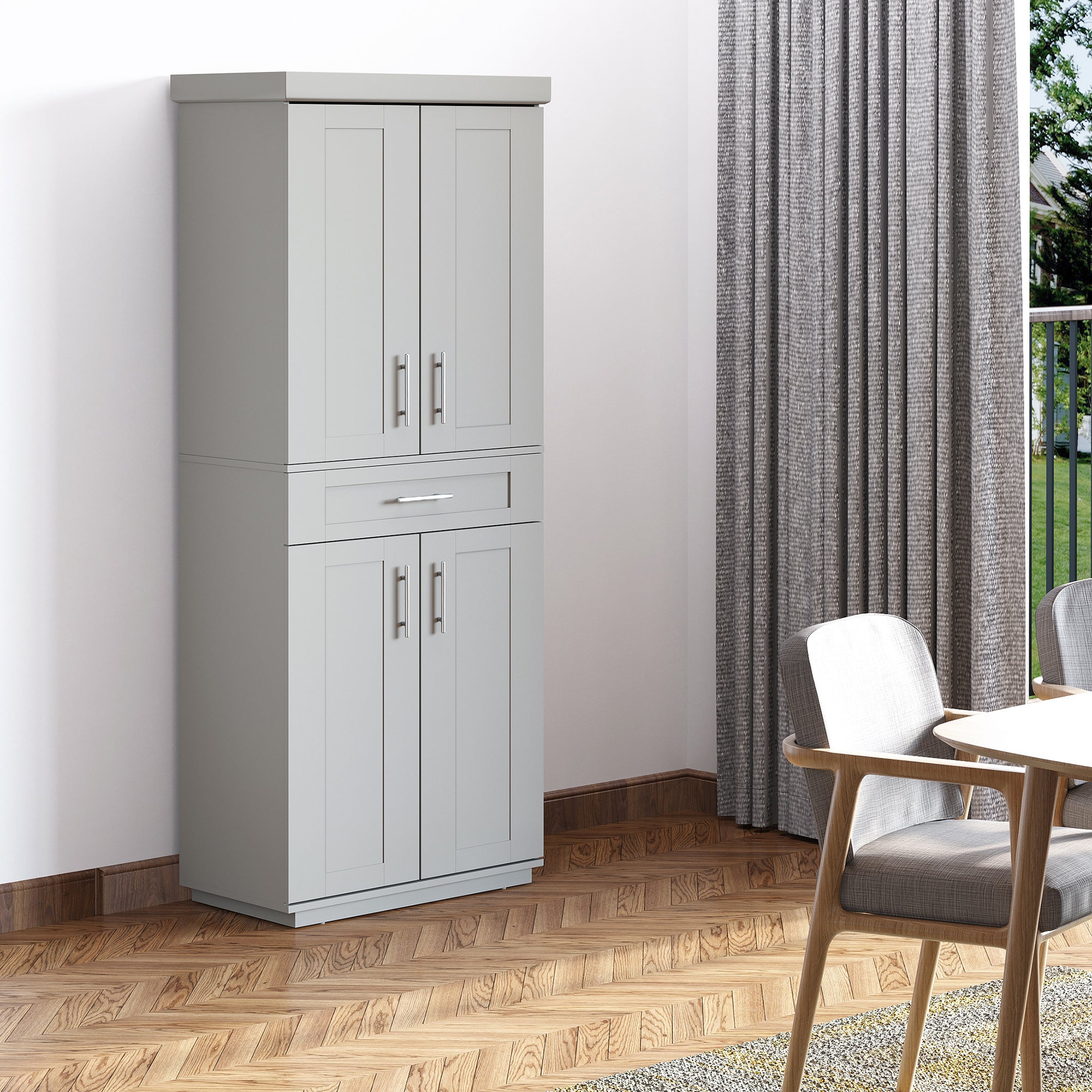 72" Storage Cabinet 4 Door Kitchen Pantry - Grey-DECOROLALA