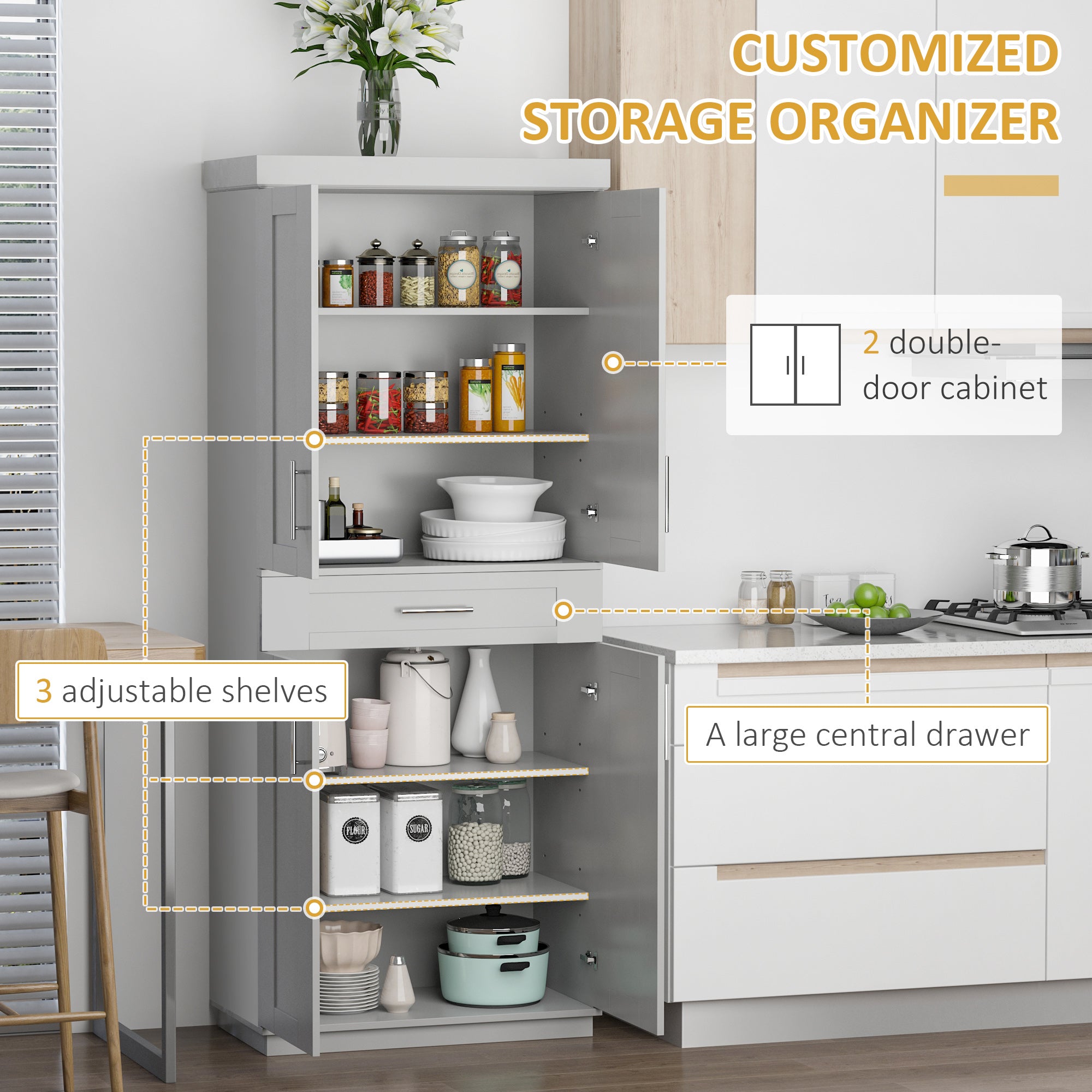 72" Storage Cabinet 4 Door Kitchen Pantry - Grey-DECOROLALA