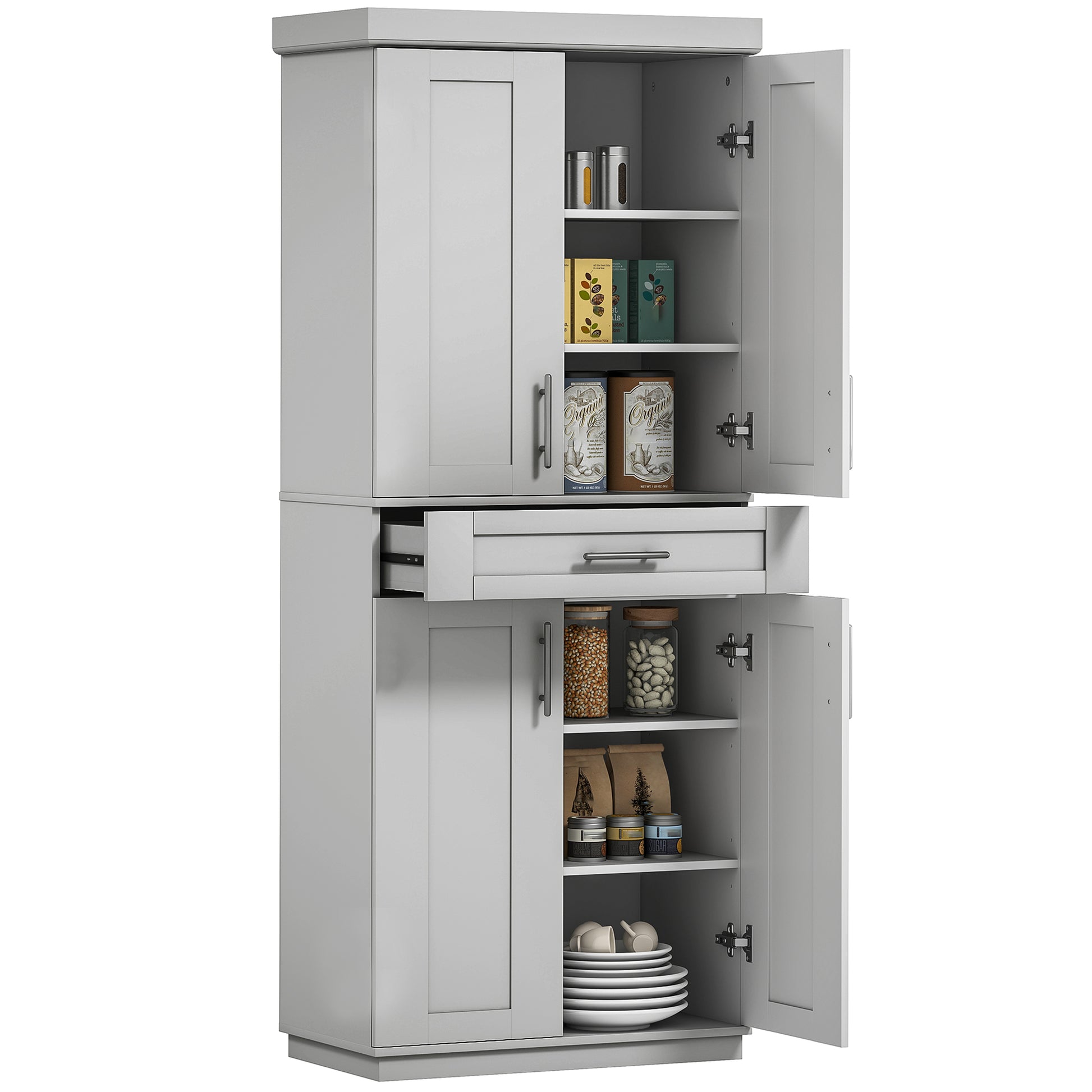 72" Storage Cabinet 4 Door Kitchen Pantry - Grey-DECOROLALA