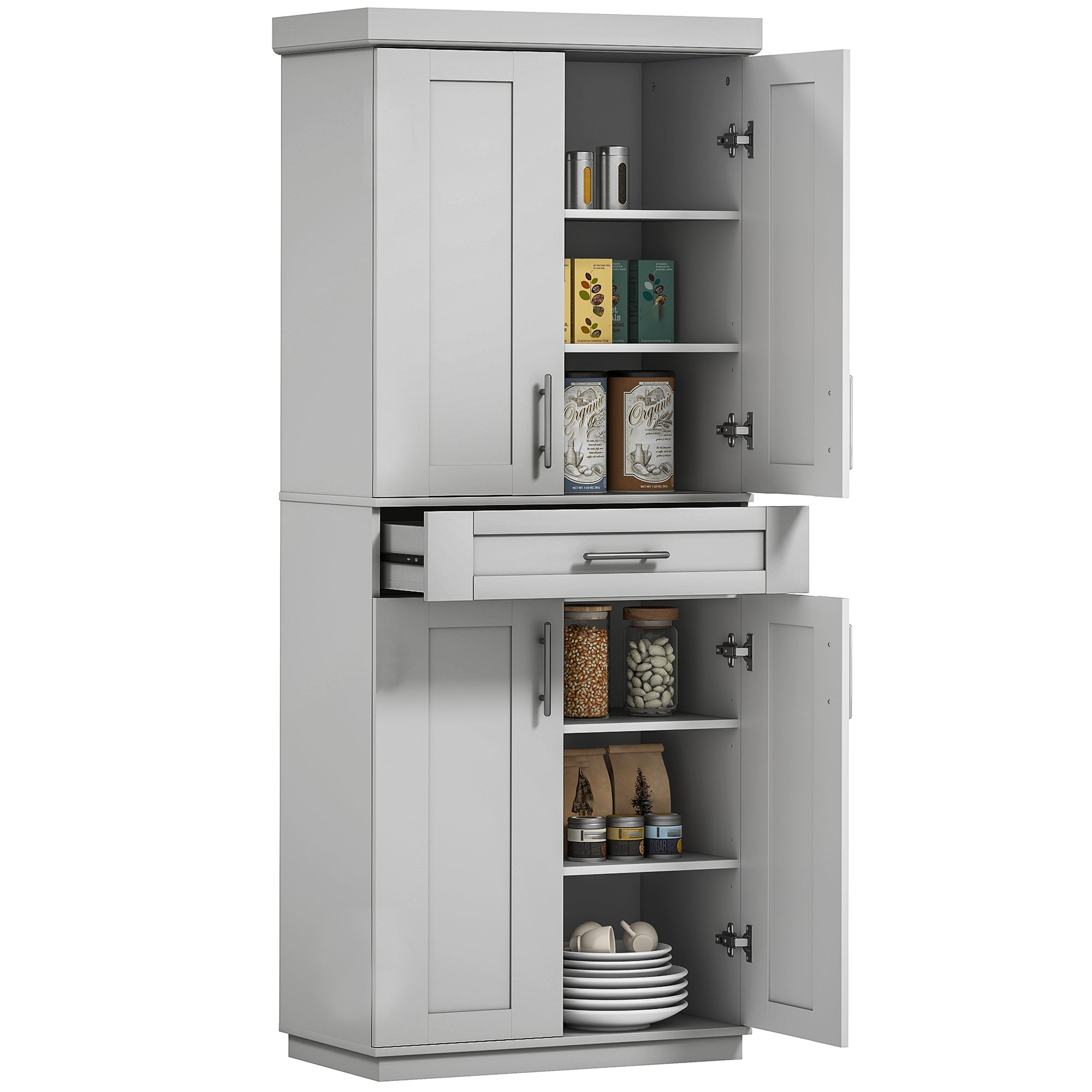 72" Storage Cabinet 4 Door Kitchen Pantry - Grey-DECOROLALA