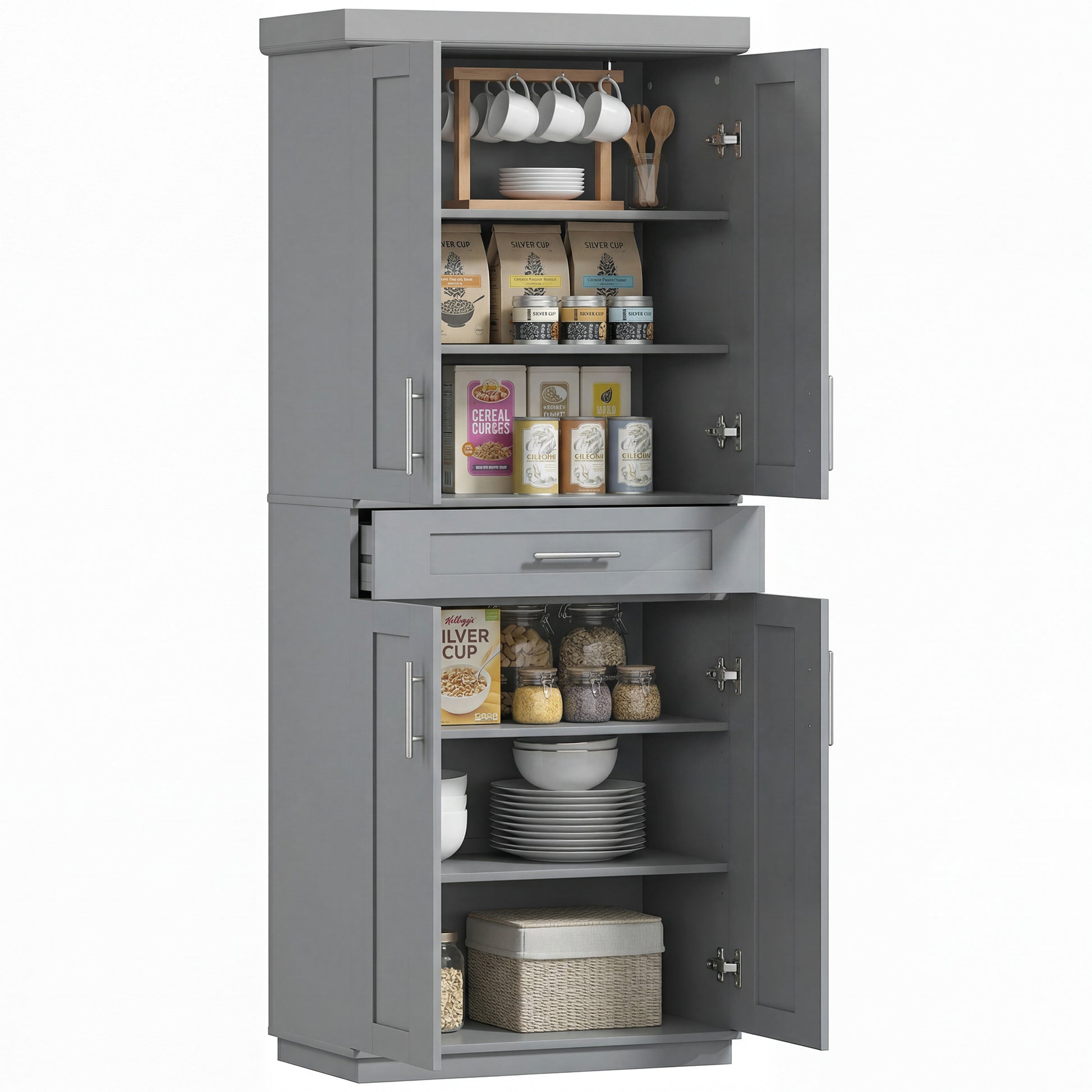 72" Storage Cabinet, Freestanding Kitchen Pantry Cabinet with 4 Doors, Drawer and 3 Adjustable Shelves, Grey-Home Furnishings > Storage & Organization > Kitchen Pantry Cabinets-DECOROLALA