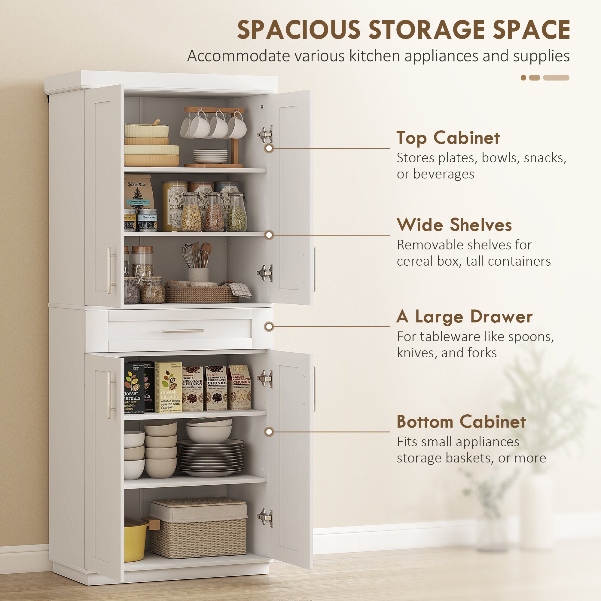 72" Storage Cabinet, Freestanding Kitchen Pantry Cabinet with 4 Doors, Drawer and 3 Adjustable Shelves, White-Home Furnishings > Storage & Organization > Kitchen Pantry Cabinets-DECOROLALA