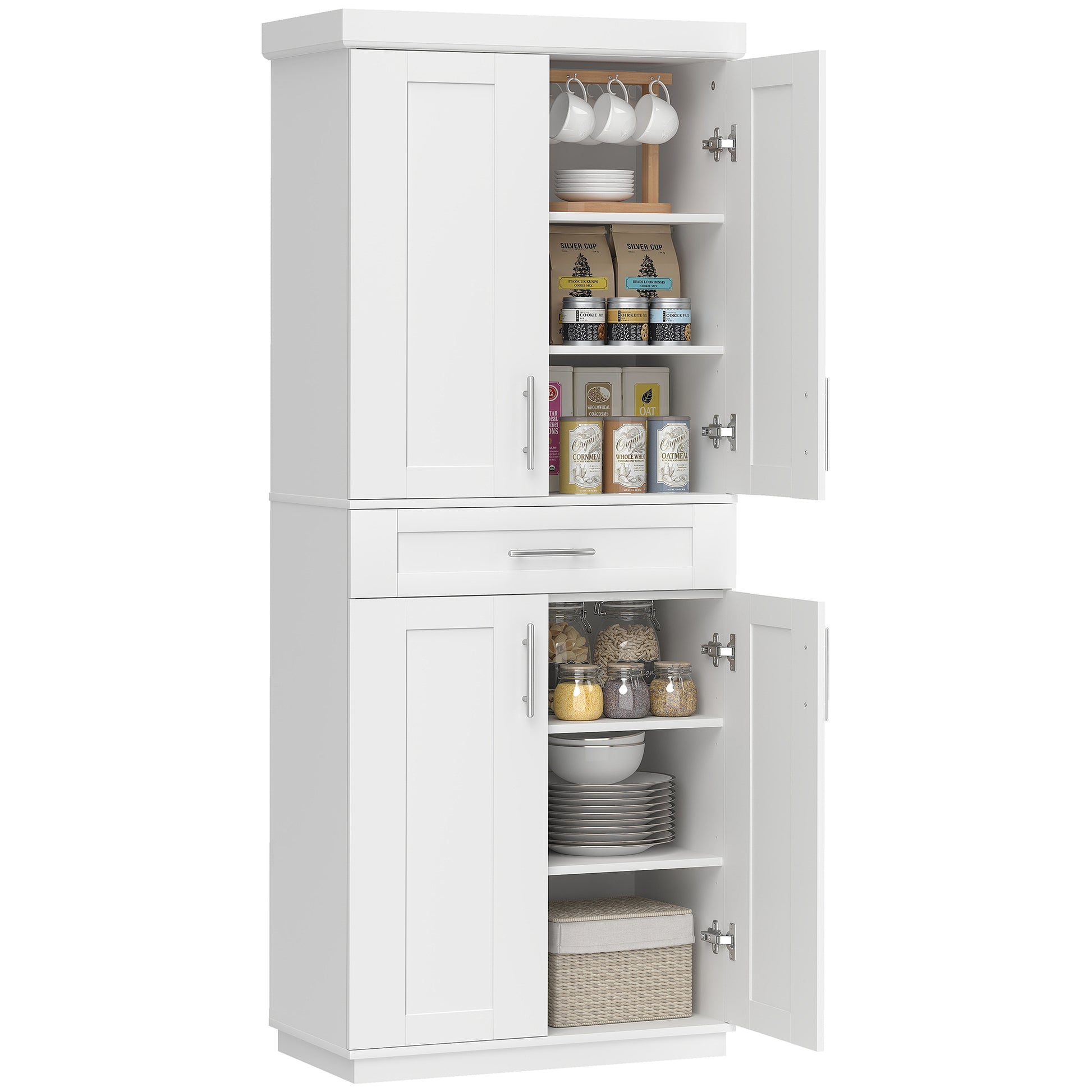 72" Storage Cabinet, Freestanding Kitchen Pantry Cabinet with 4 Doors, Drawer and 3 Adjustable Shelves, White-Home Furnishings > Storage & Organization > Kitchen Pantry Cabinets-DECOROLALA