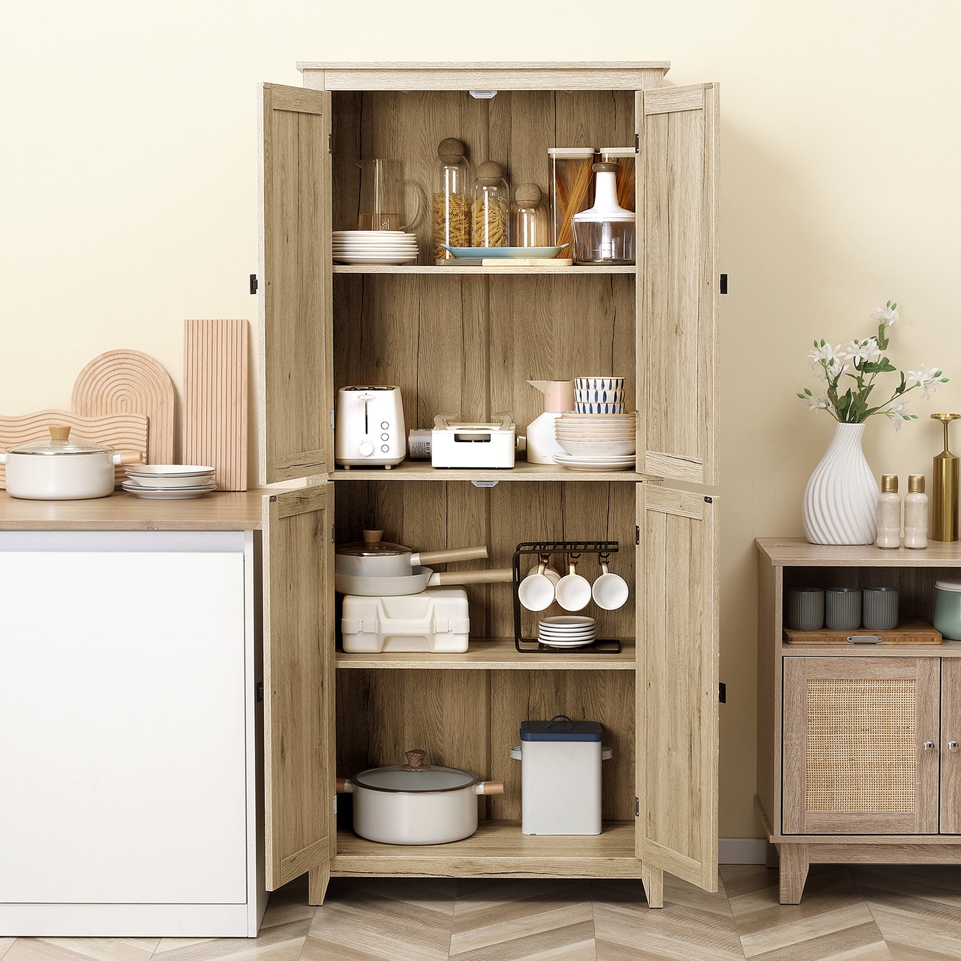 72" Storage Cabinet Pantry Natural Wood-DECOROLALA