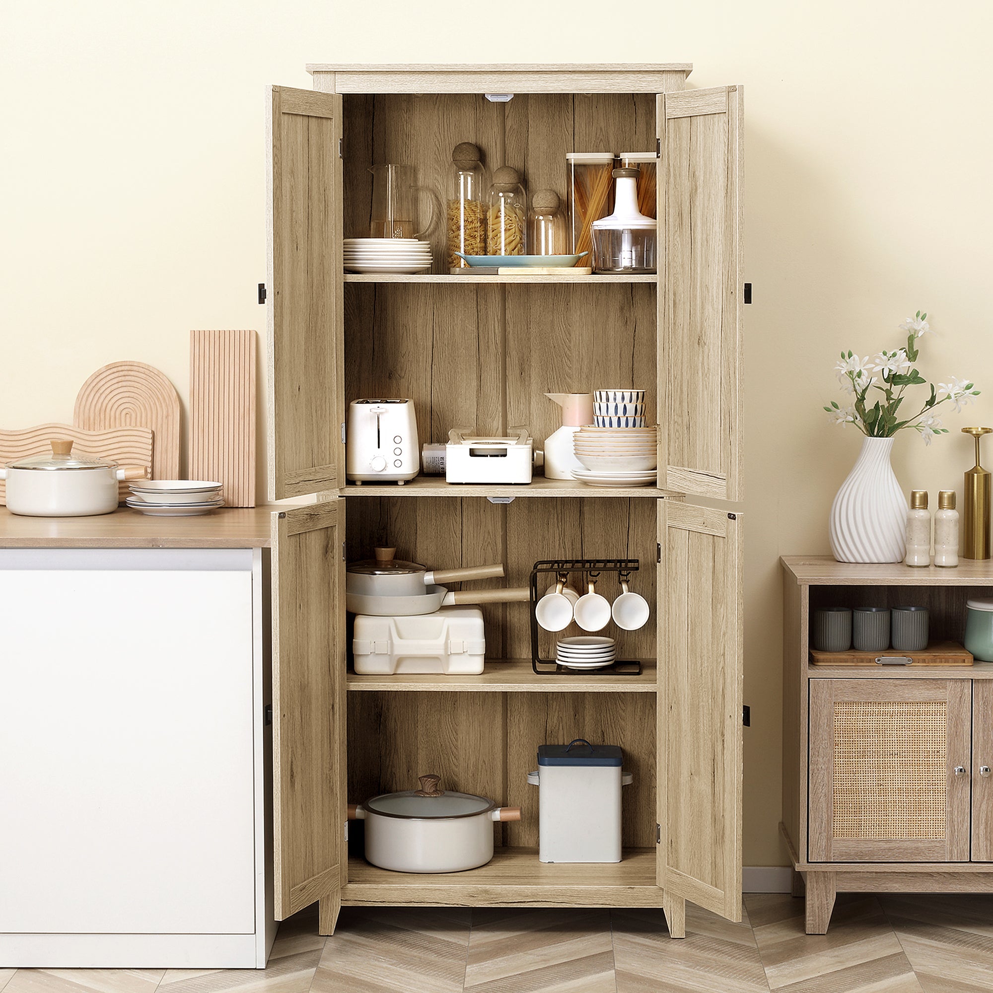 72" Storage Cabinet Pantry Natural Wood-DECOROLALA