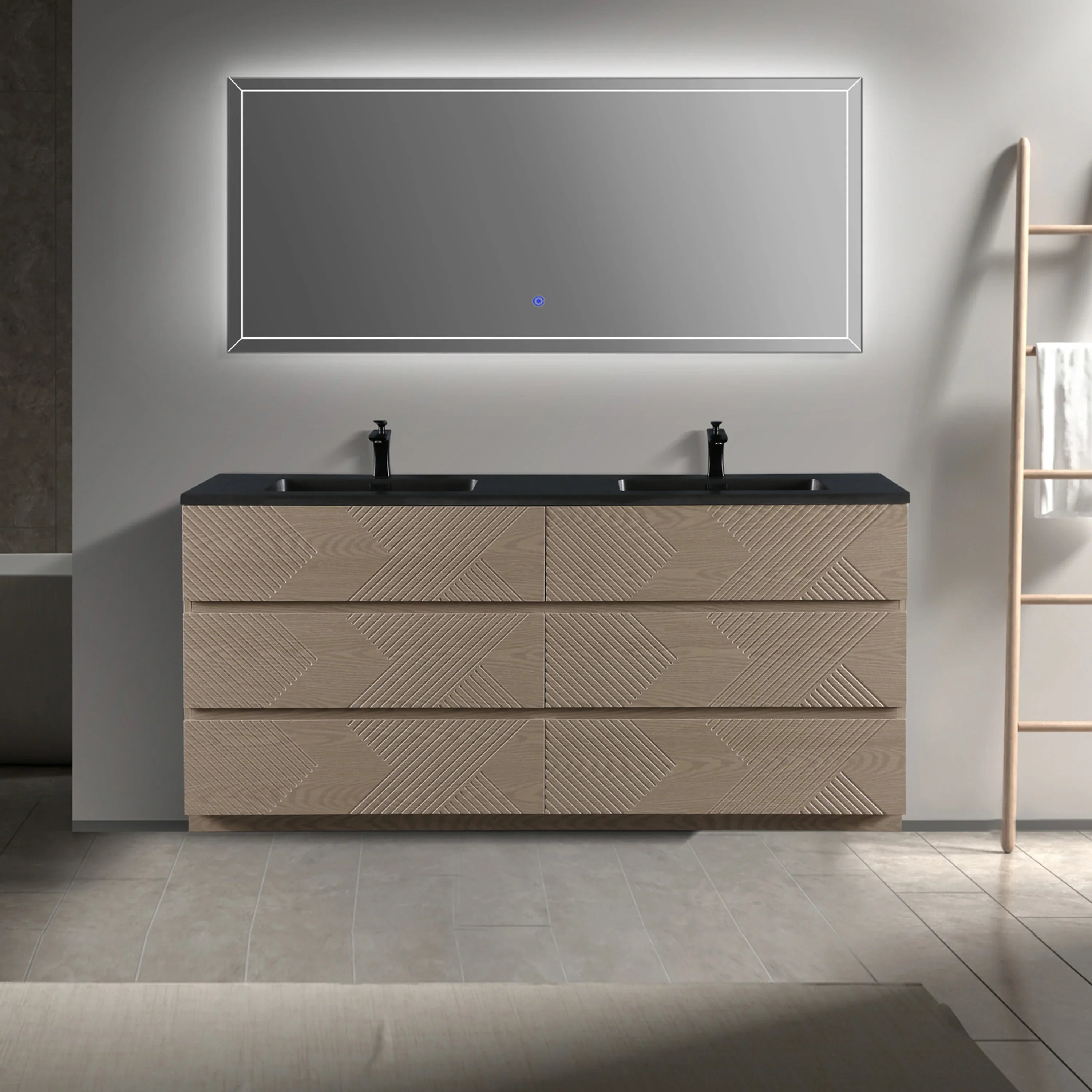 72" Taupe Oak Freestanding Double Sink Vanity with Black Engineered Quartz Countertop