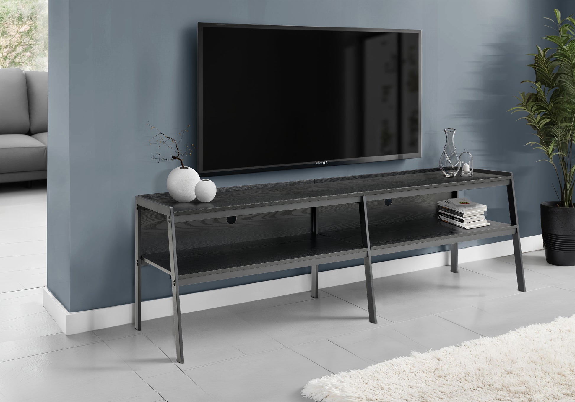 72" TV Stand - Black Wood Laminate & Metal Modern-DECOROLALA