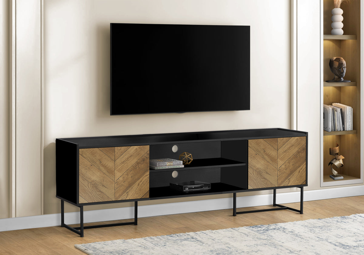 72" TV Stand with Wood-Look Doors - Black Metal Frame-TV Stands-DECOROLALA