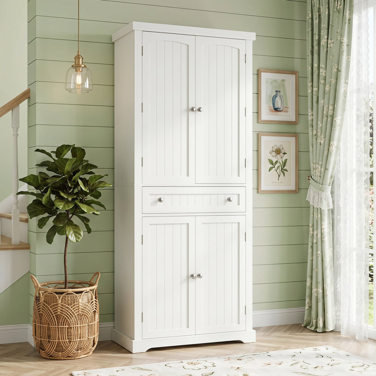 72” Tall Kitchen Cabinet Pantry Storage Cabinet with 4 Fluted Doors and 6 Door Shelves-White-Sideboards & Buffets-DECOROLALA