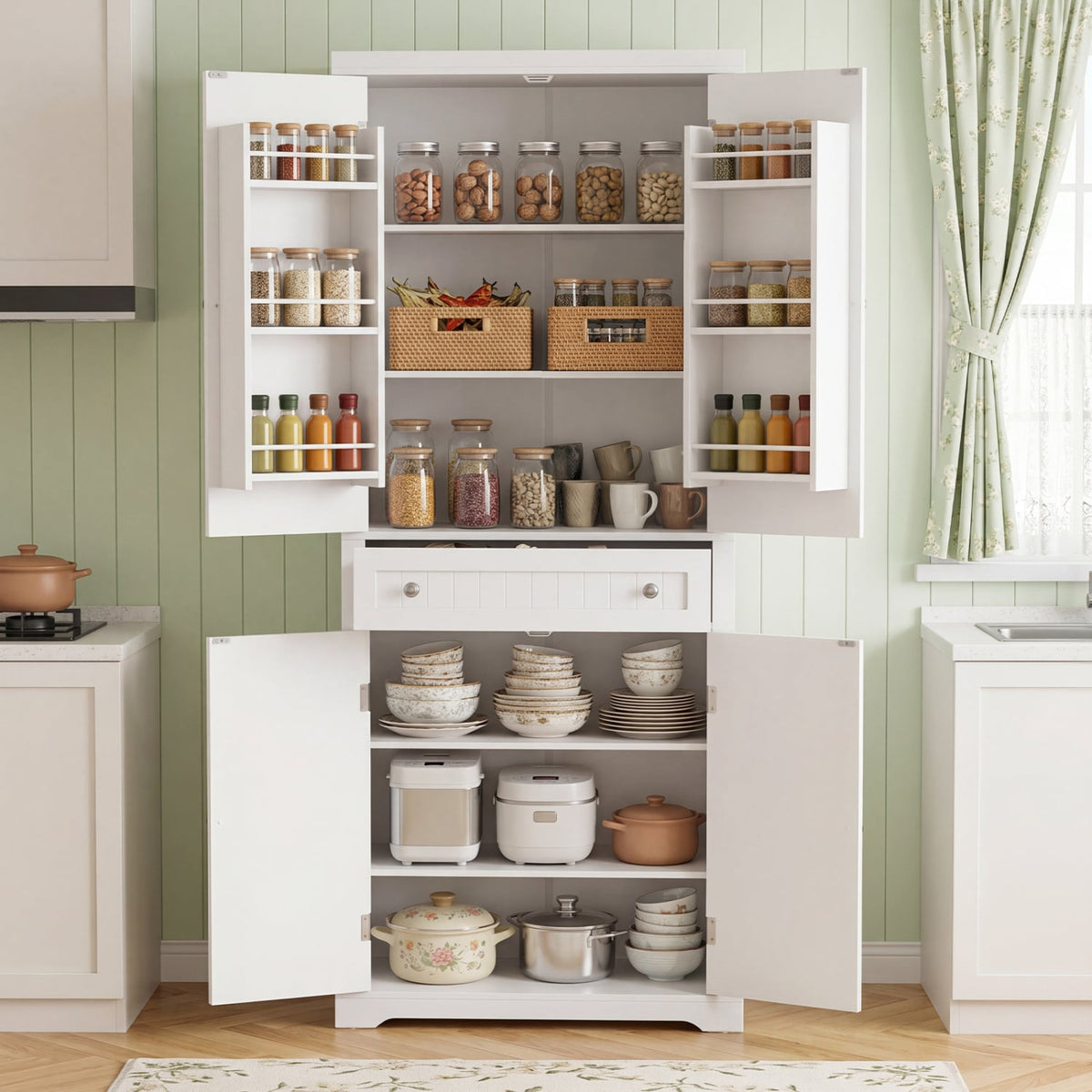72” Tall Kitchen Cabinet Pantry Storage Cabinet with 4 Fluted Doors and 6 Door Shelves-White-Sideboards & Buffets-DECOROLALA