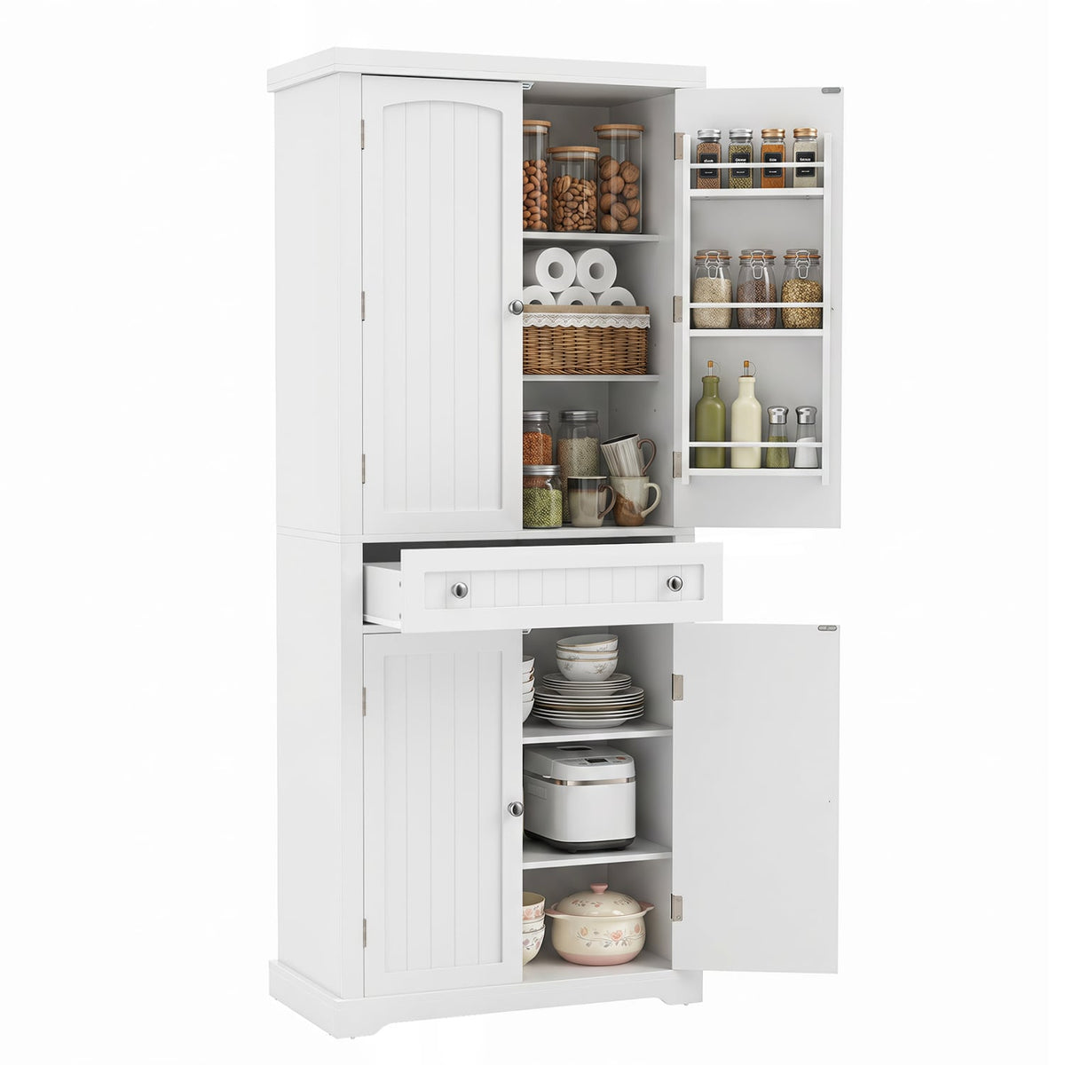 72” Tall Kitchen Cabinet Pantry Storage Cabinet with 4 Fluted Doors and 6 Door Shelves-White-Sideboards & Buffets-DECOROLALA