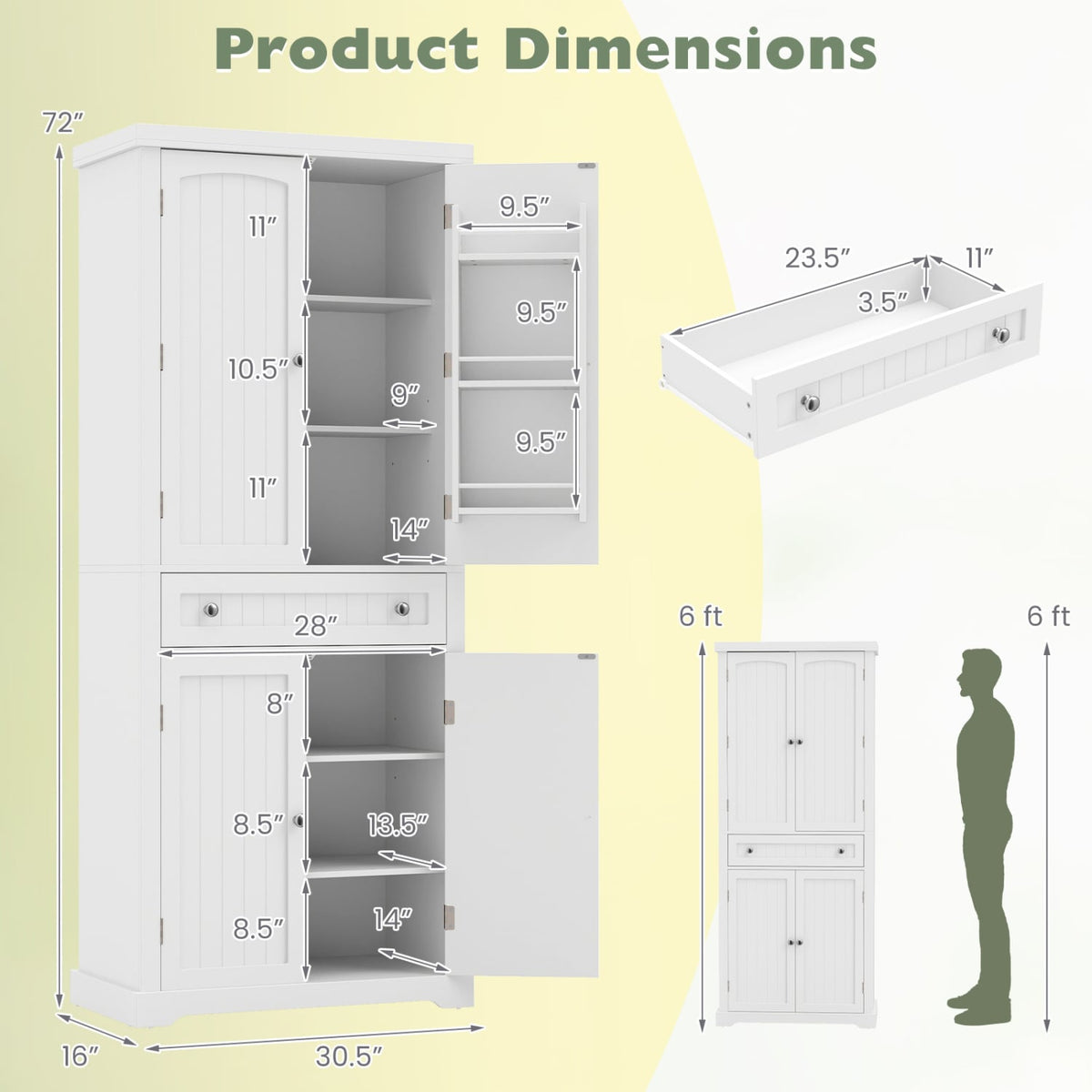 72” Tall Kitchen Cabinet Pantry Storage Cabinet with 4 Fluted Doors and 6 Door Shelves-White-Sideboards & Buffets-DECOROLALA