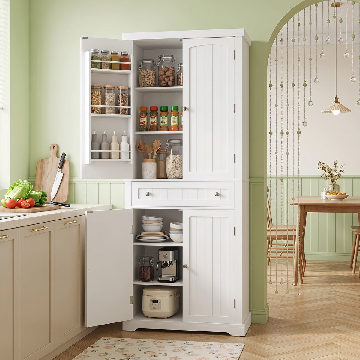 72” Tall Kitchen Cabinet Pantry Storage Cabinet with 4 Fluted Doors and 6 Door Shelves-White-Sideboards & Buffets-DECOROLALA