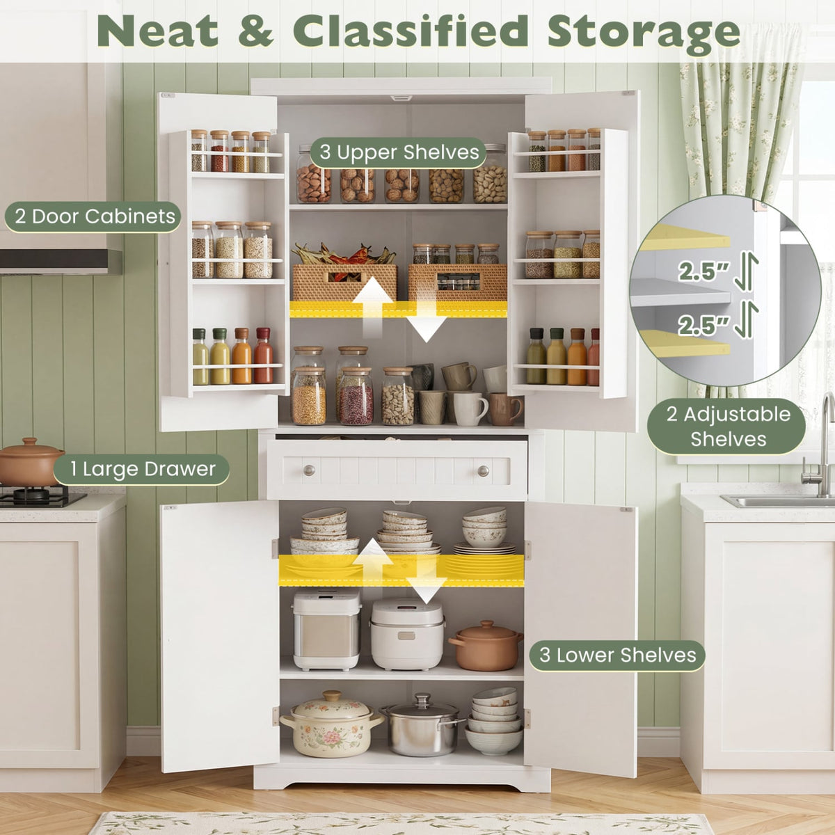 72” Tall Kitchen Cabinet Pantry Storage Cabinet with 4 Fluted Doors and 6 Door Shelves-White-Sideboards & Buffets-DECOROLALA