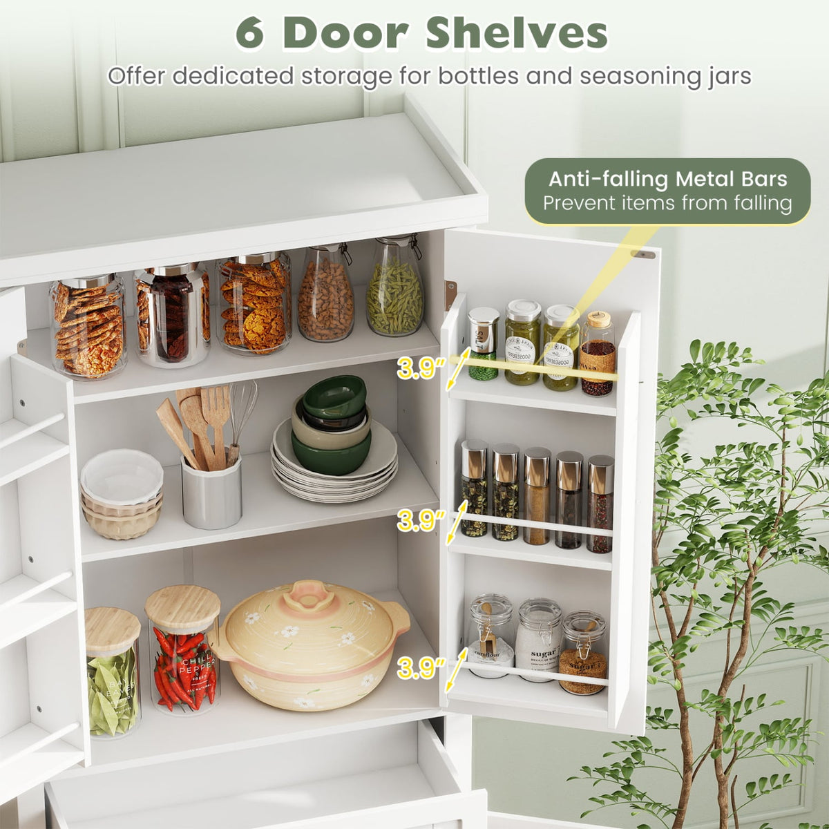 72” Tall Kitchen Cabinet Pantry Storage Cabinet with 4 Fluted Doors and 6 Door Shelves-White-Sideboards & Buffets-DECOROLALA