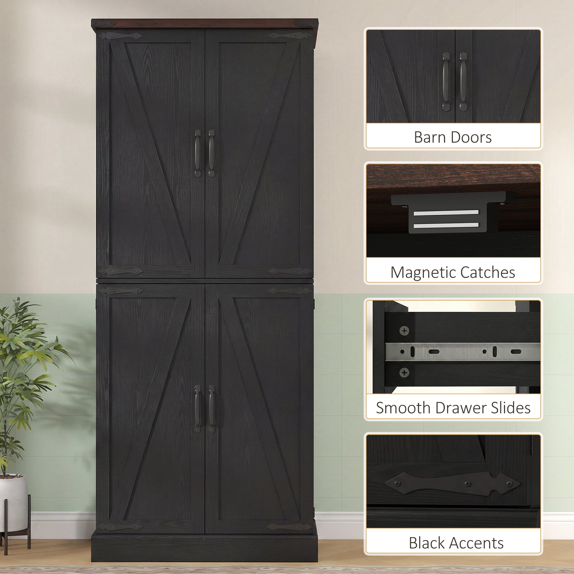 72" Tall Kitchen Pantry Cabinet, Farmhouse Storage Cabinet with 8 Door Racks and Adjustable Shelves, Black-Home Furnishings > Storage & Organization > Kitchen Pantry Cabinets-DECOROLALA