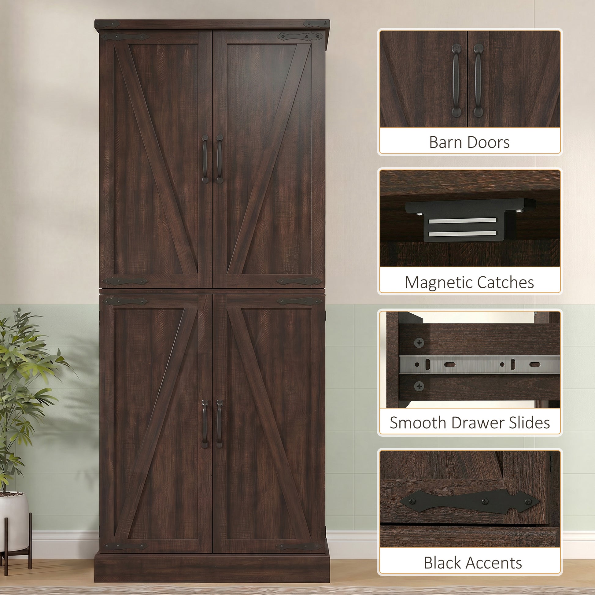 72" Tall Kitchen Pantry Cabinet, Farmhouse Storage Cabinet with 8 Door Racks and Adjustable Shelves, Distressed Brown-Home Furnishings > Storage & Organization > Kitchen Pantry Cabinets-DECOROLALA
