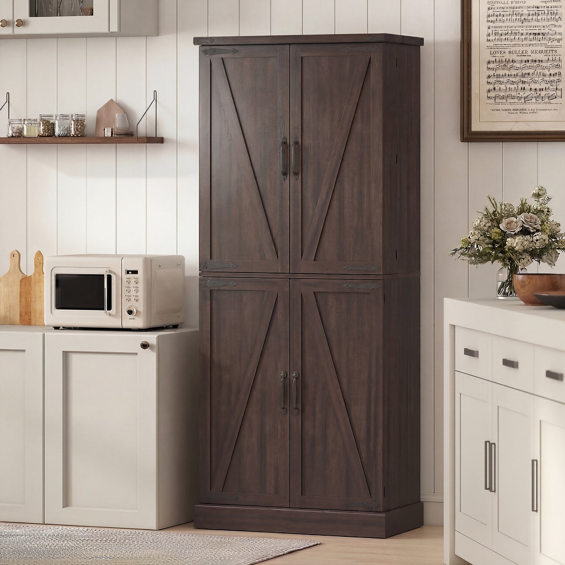 72" Tall Kitchen Pantry Cabinet, Farmhouse Storage Cabinet with 8 Door Racks and Adjustable Shelves, Distressed Brown-Home Furnishings > Storage & Organization > Kitchen Pantry Cabinets-DECOROLALA