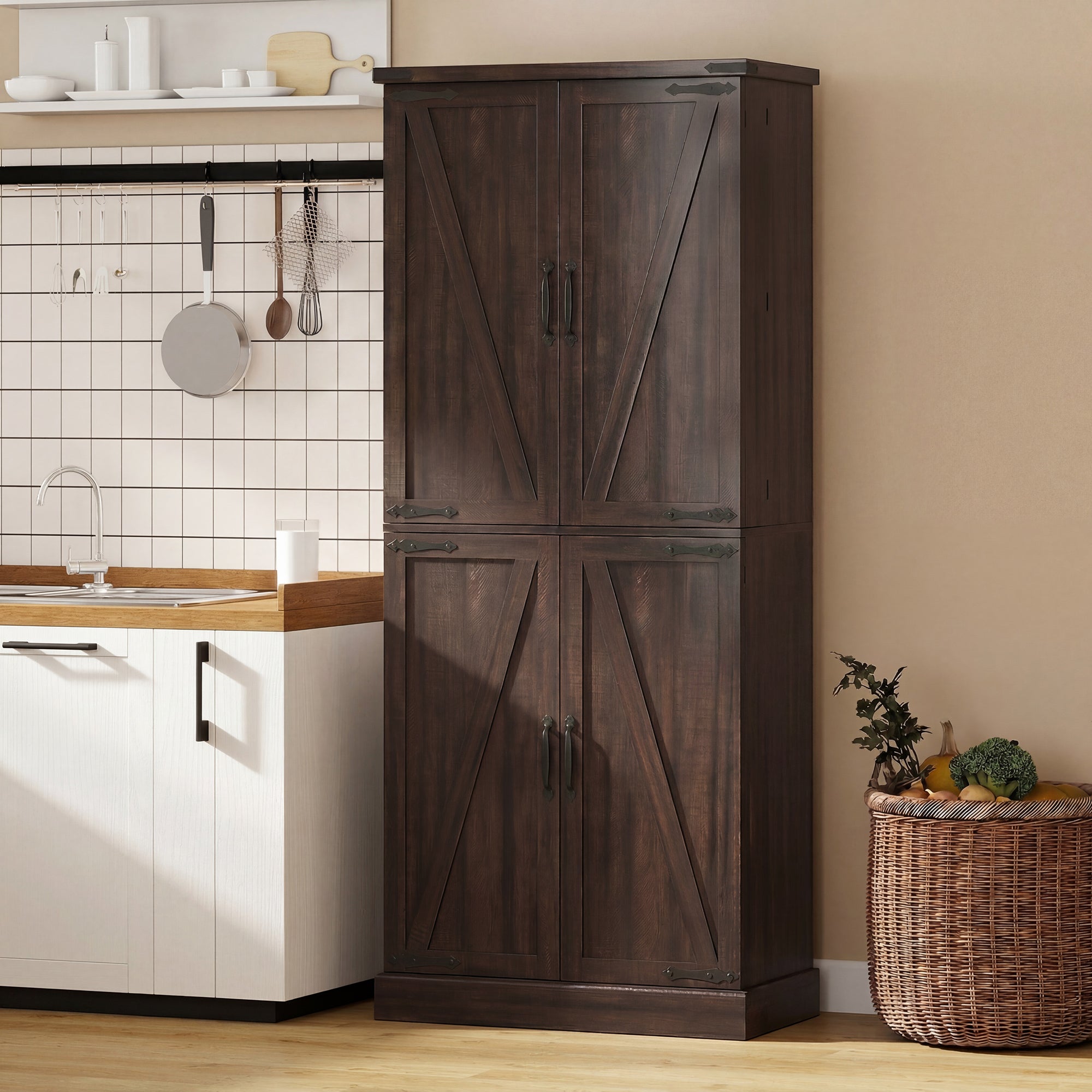 72" Tall Kitchen Pantry Cabinet, Farmhouse Storage Cabinet with 8 Door Racks and Adjustable Shelves, Distressed Brown-Home Furnishings > Storage & Organization > Kitchen Pantry Cabinets-DECOROLALA