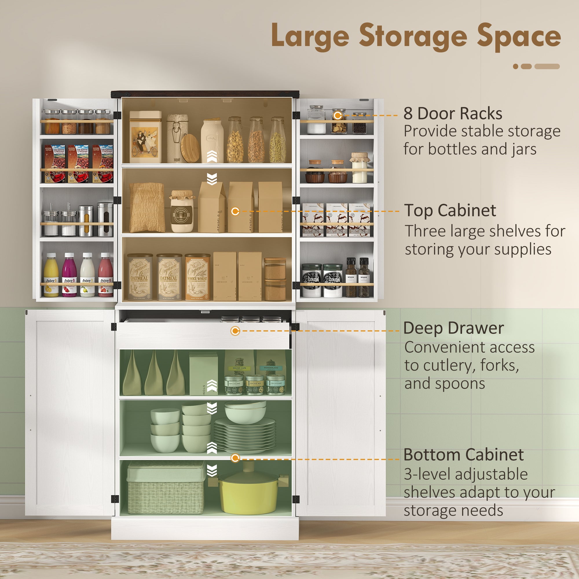 72" Tall Kitchen Pantry Cabinet, Farmhouse Storage Cabinet with 8 Door Racks and Adjustable Shelves, White-Home Furnishings > Storage & Organization > Kitchen Pantry Cabinets-DECOROLALA