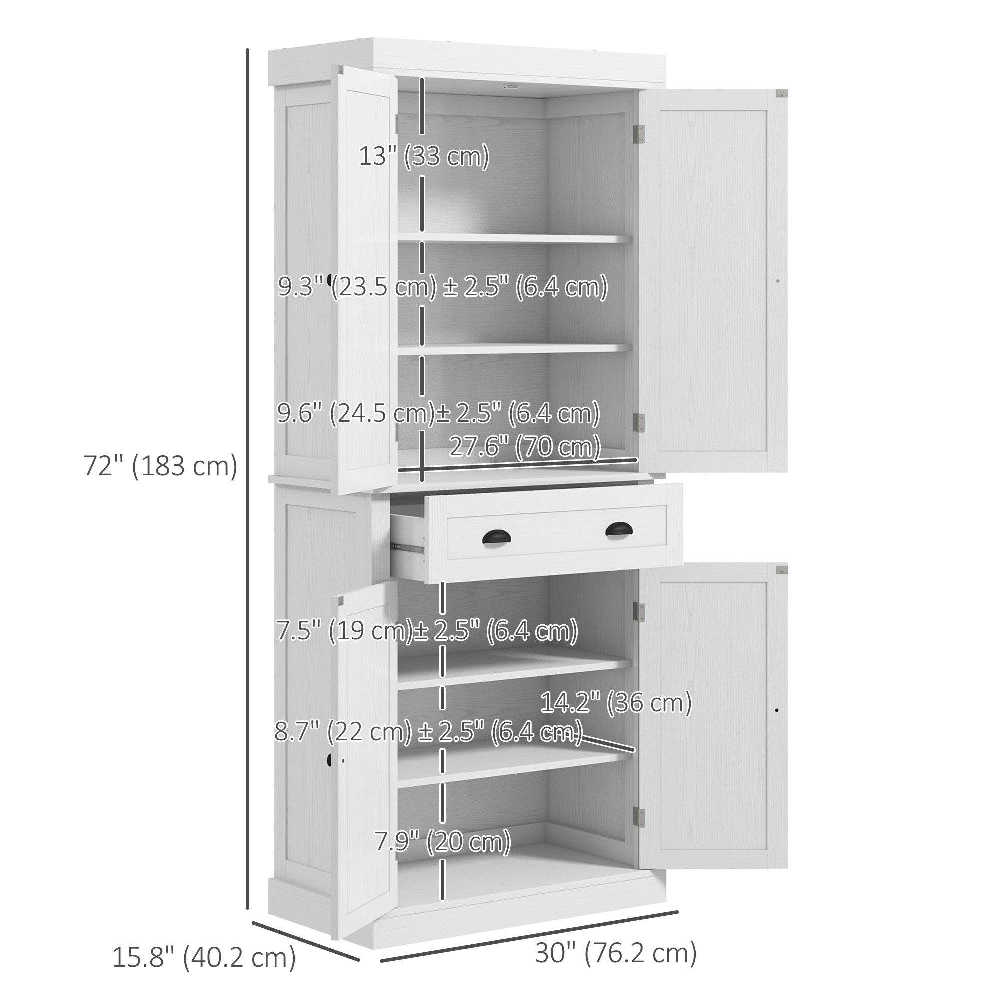 72" Tall Pantry Cabinet - Kitchen Storage with 4 Doors, Drawer & Shelves White-DECOROLALA