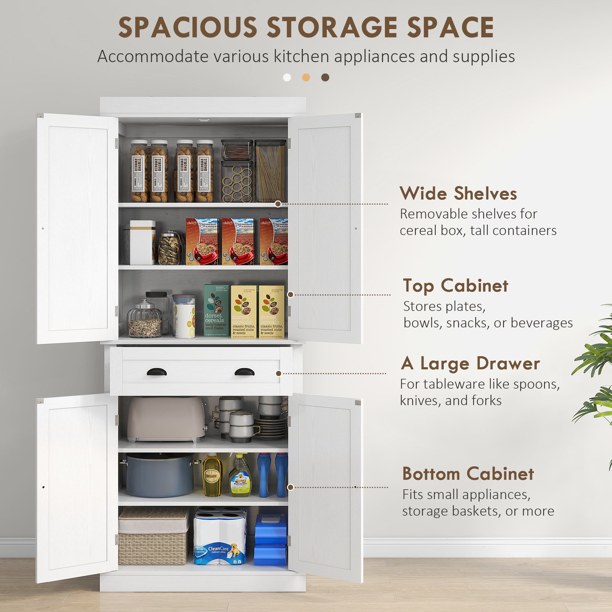72" Tall Pantry Cabinet - Kitchen Storage with 4 Doors, Drawer & Shelves White-DECOROLALA