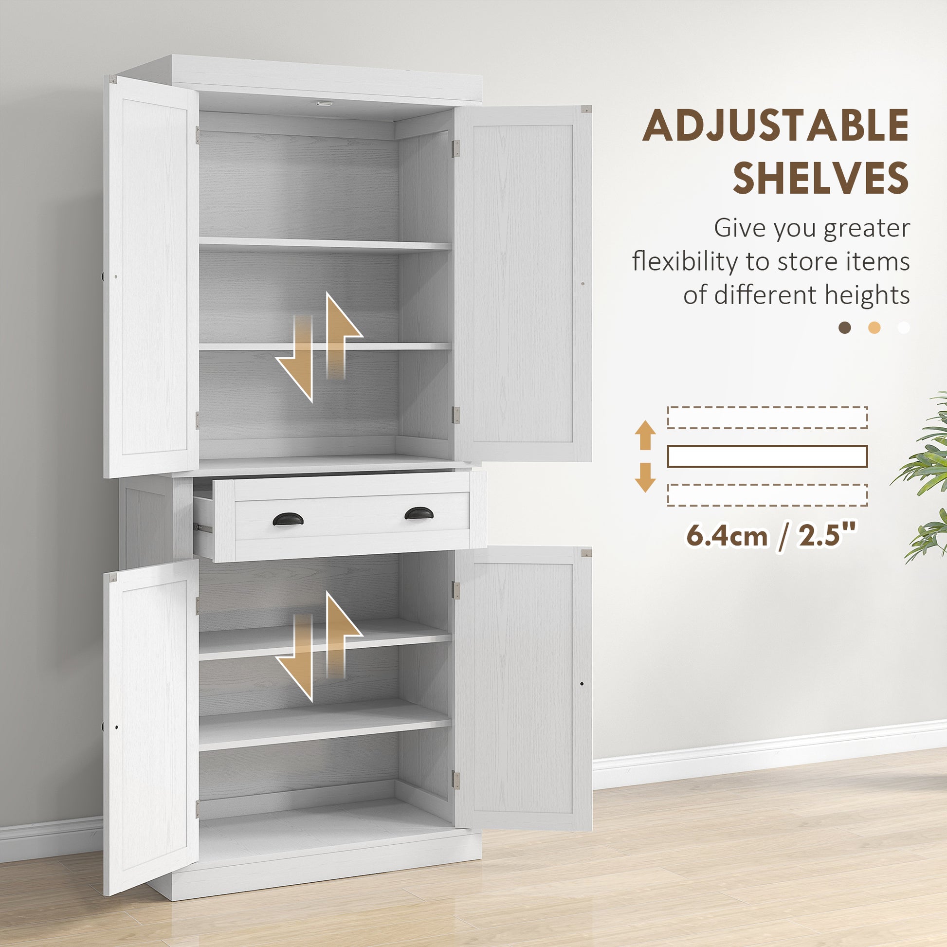 72" Tall Pantry Cabinet - Kitchen Storage with 4 Doors, Drawer & Shelves White-DECOROLALA
