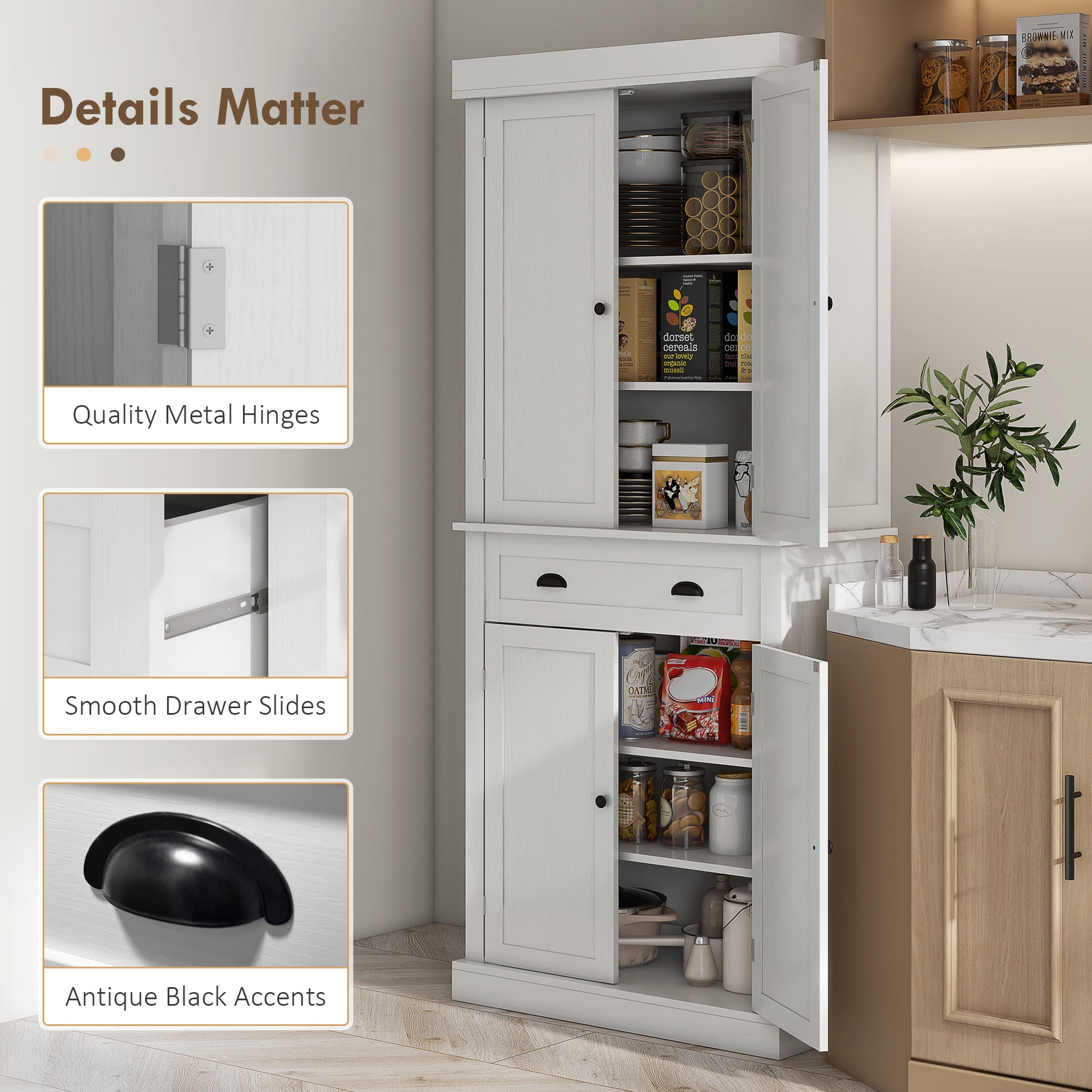 72" Tall Pantry Cabinet - Kitchen Storage with 4 Doors, Drawer & Shelves White-DECOROLALA